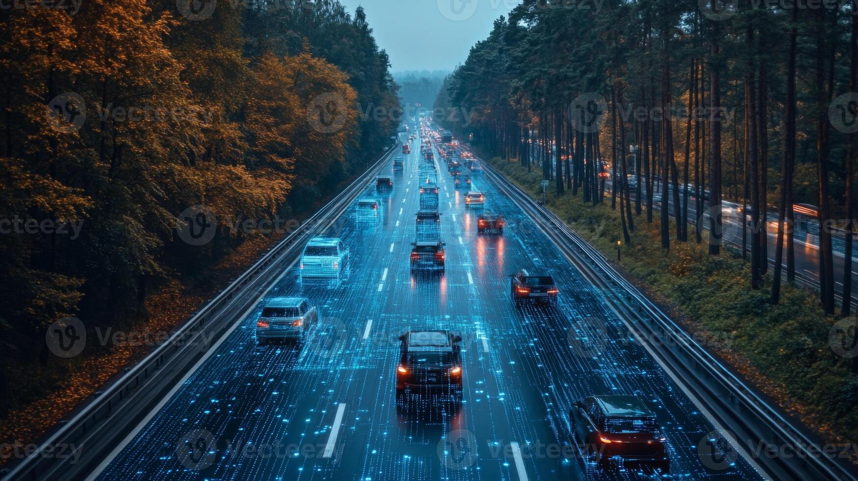 Automated vehicles travel along a smart road marked by digital elements, utilizing advanced connectivity and sensor technology amidst a backdrop of trees and autumn foliage. photo