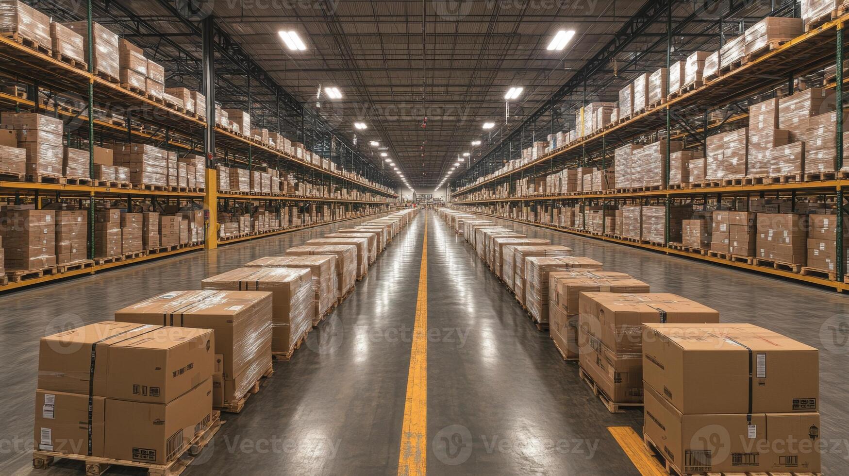 A modern warehouse displays rows of stacked boxes, emphasizing organized logistics and automation in transportation. The setup enhances efficiency in distribution within a spacious facility. photo