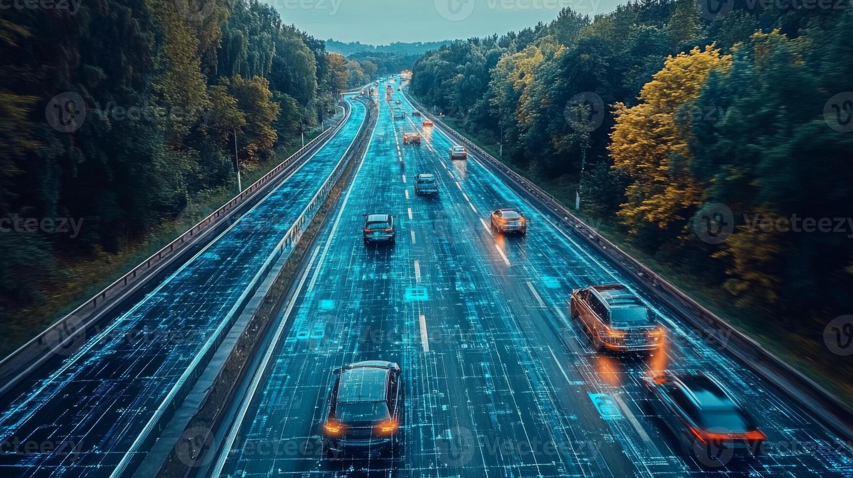 Smart road infrastructure enhances transportation connectivity with vehicles utilizing advanced sensors. This automated system improves mobility through real time data sharing and V2X communication. photo
