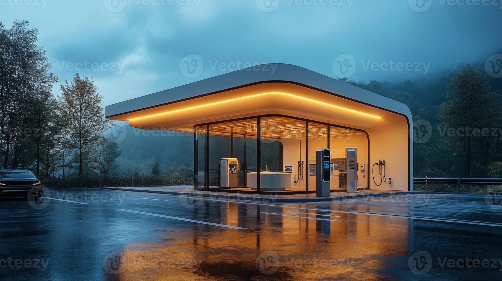 A sleek electric vehicle charging station illuminated by warm lights stands in a tranquil setting at dusk. The surrounding area features trees and a wet road reflecting the evening sky. photo