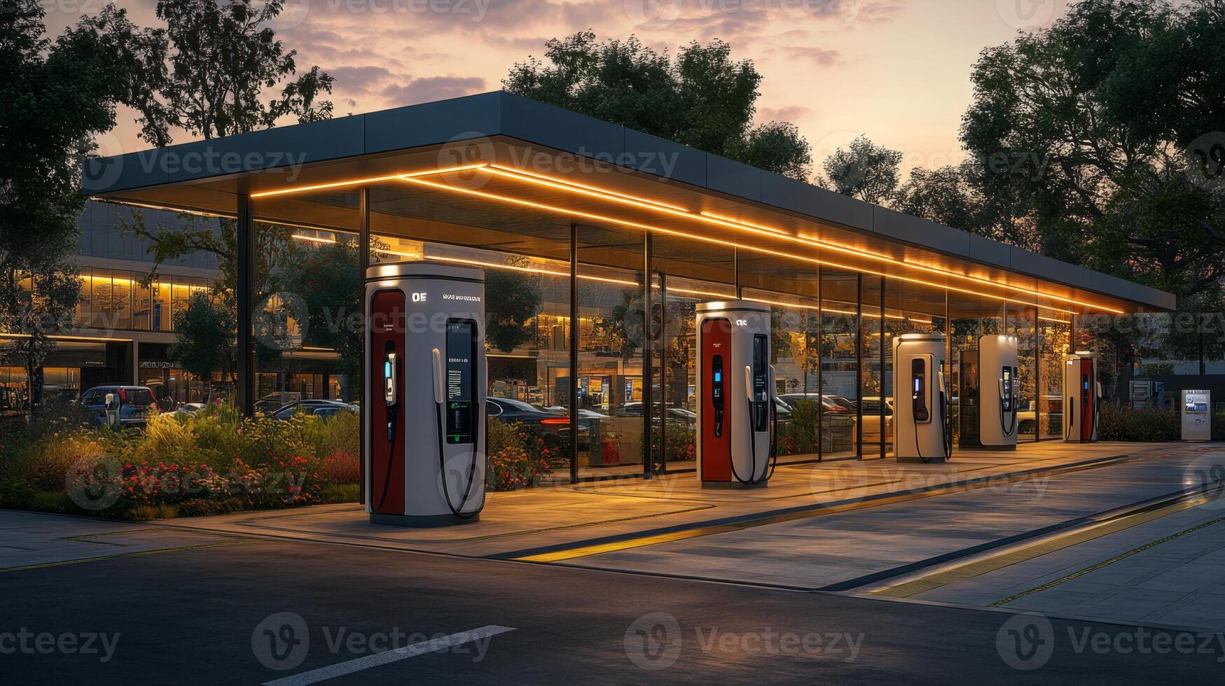 This modern EV charging station in a busy urban area showcases advanced tech and smart design, promoting renewable energy and sustainable transport solutions during twilight. photo