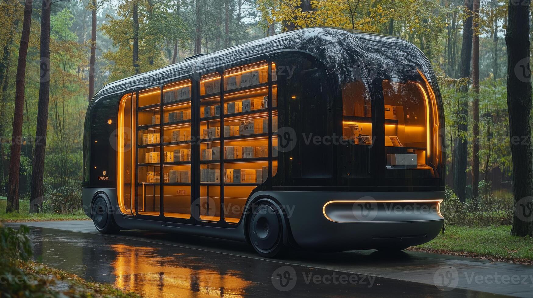 An autonomous delivery vehicle is parked on a wet road surrounded by trees. photo