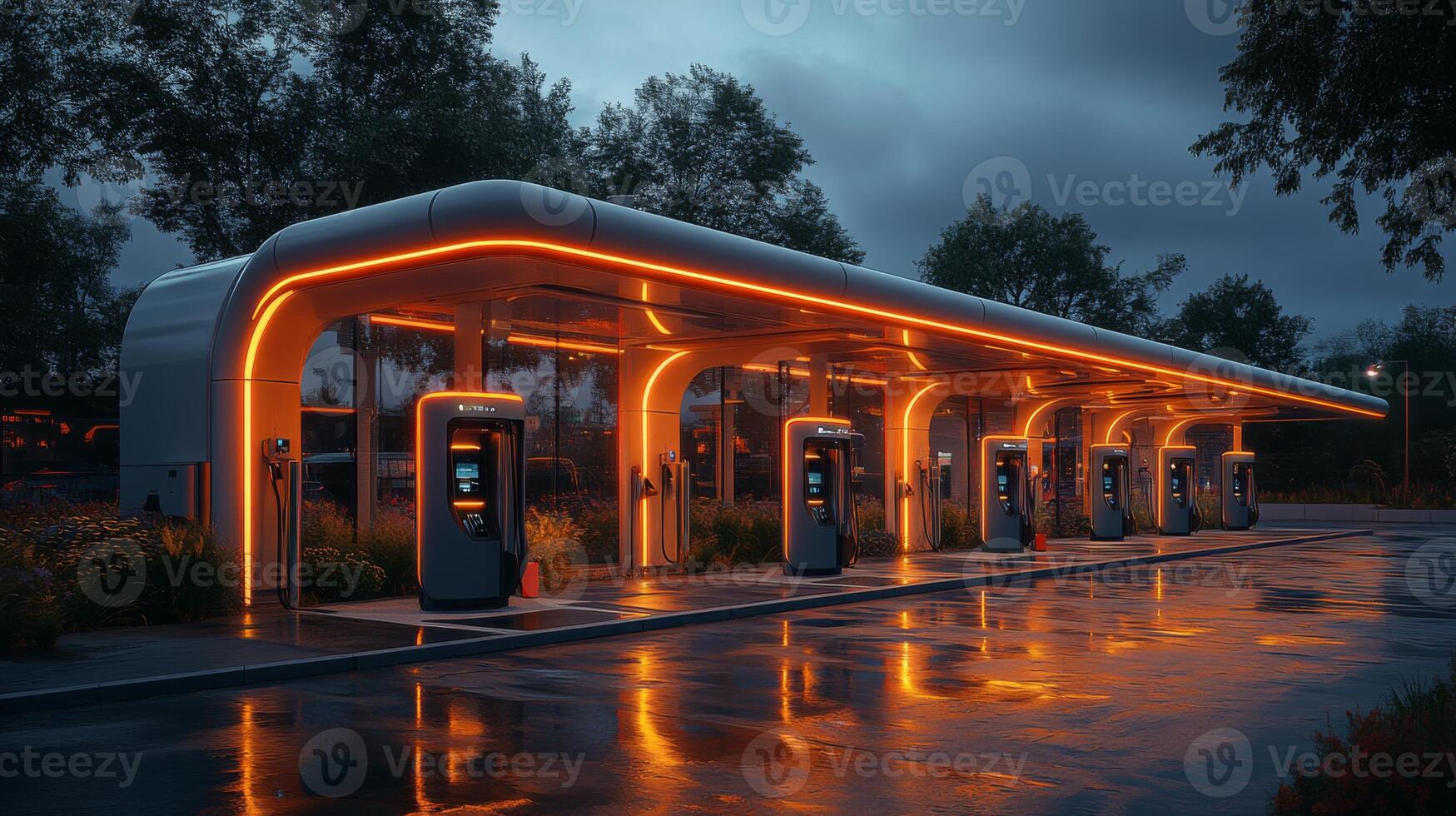 New electric vehicle charging station features advanced design and multiple charging points, showcasing the shift towards renewable energy and improved mobility for eco friendly transport options. photo