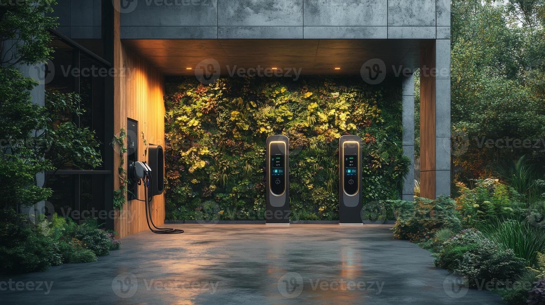 Two modern electric vehicle charging stations are positioned in a lush, green setting, blending technology with nature to enhance urban mobility and support renewable energy initiatives. photo