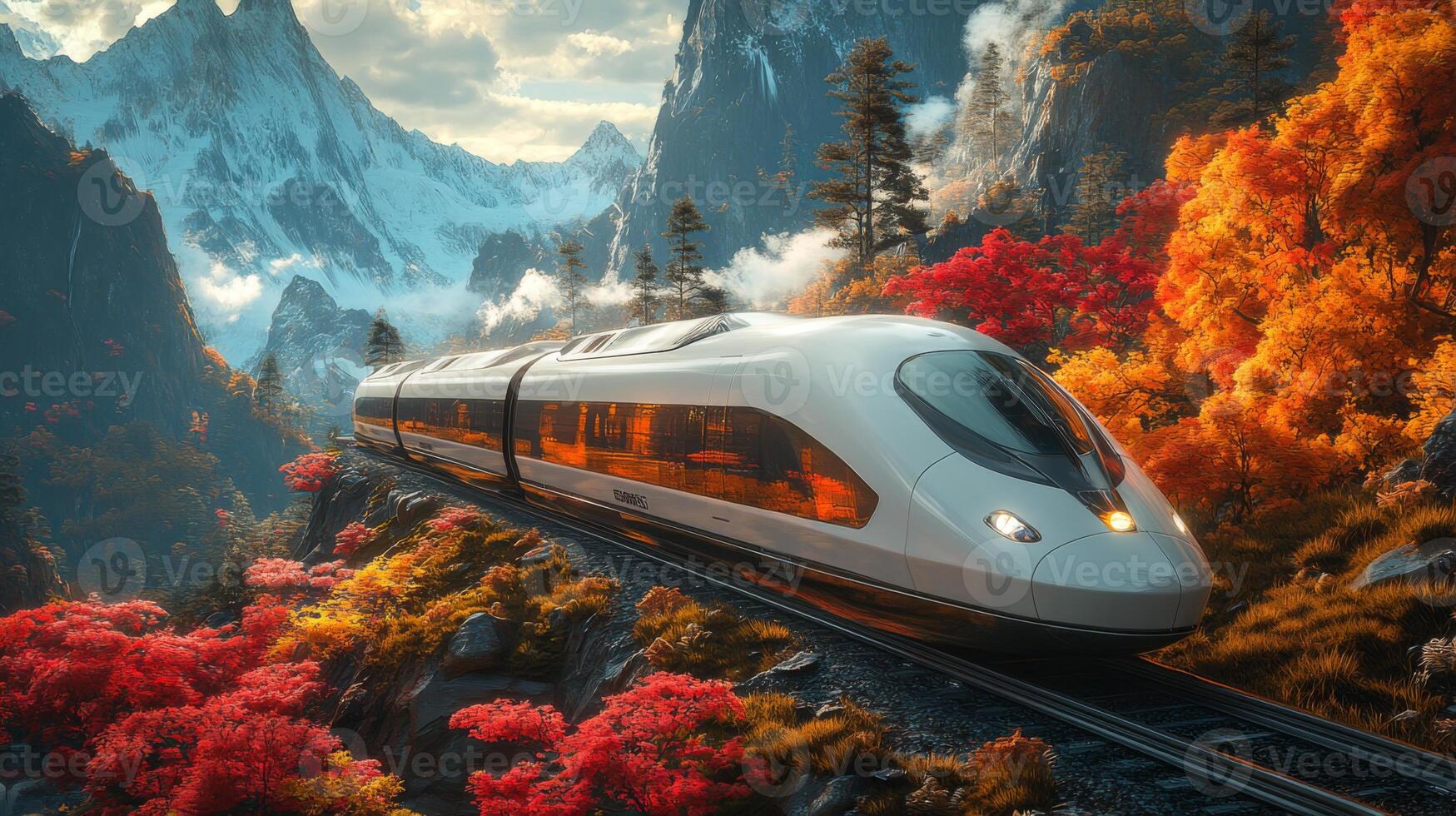 A sleek, autonomous smart train glides through a stunning mountain backdrop, surrounded by colorful autumn foliage. This innovative transport system highlights future mobility solutions. photo