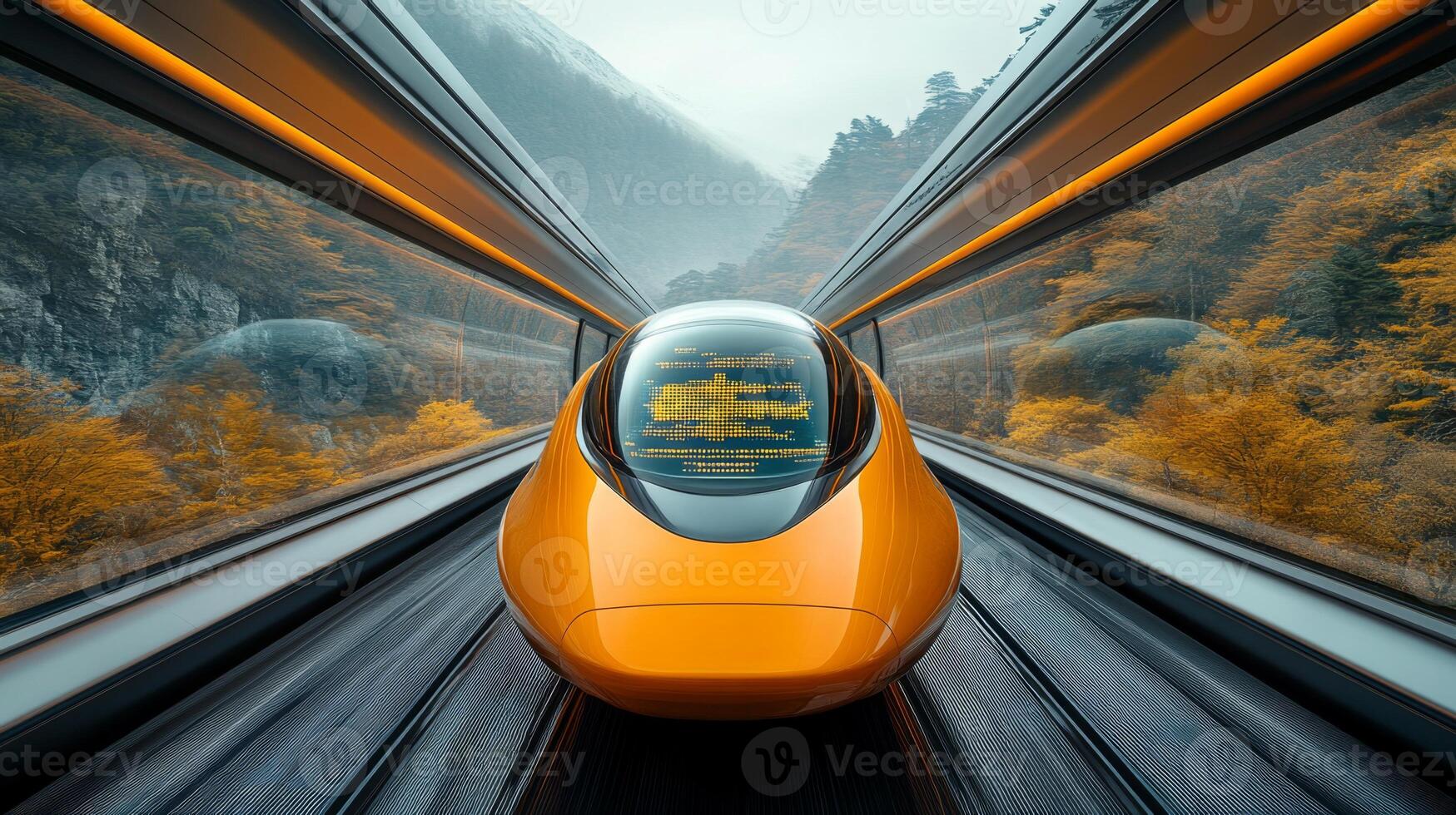 A futuristic train glides smoothly along sleek tracks in a stunning mountain setting, showcasing cutting edge automation and mobility features essential for modern logistics. photo