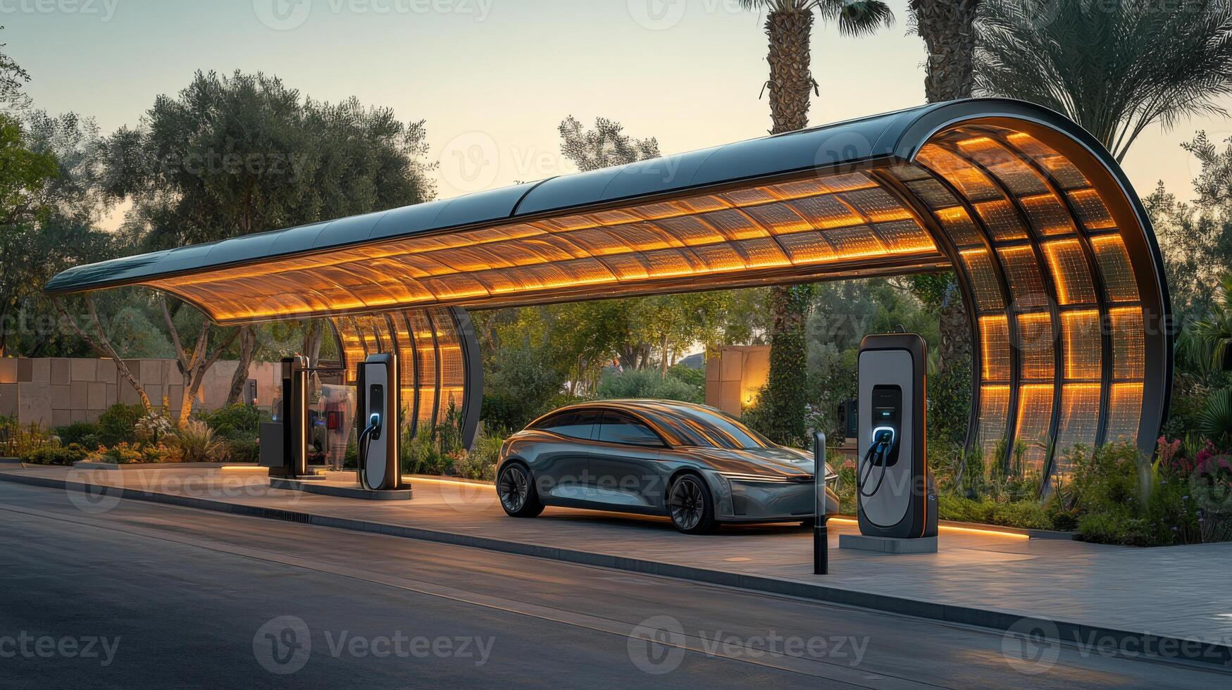 An electric vehicle charges at a sleek charging station designed with renewable materials, surrounded by palm trees and greenery, highlighting sustainable mobility solutions at dusk. photo