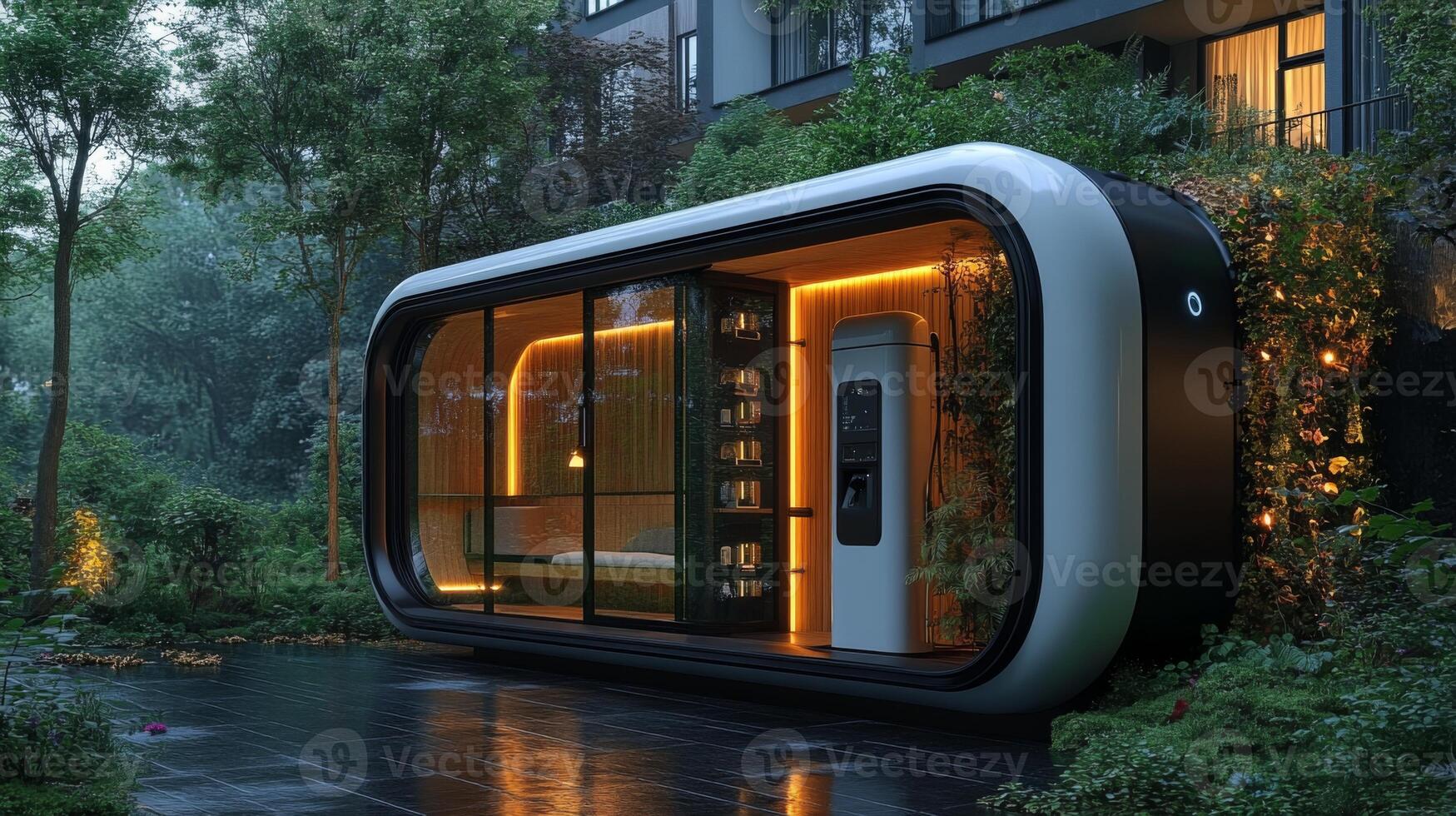 A modern, compact building set amidst greenery, showcasing an electric vehicle charging station and translucent walls. It exemplifies advanced logistics and sustainable infrastructure. photo