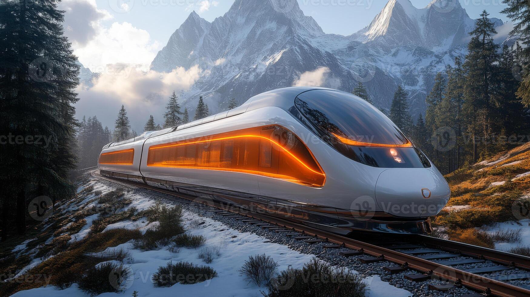 A futuristic autonomous train, featuring sleek design and orange accents, glides along railway tracks set against picturesque mountains and dense evergreen trees during dawn. photo