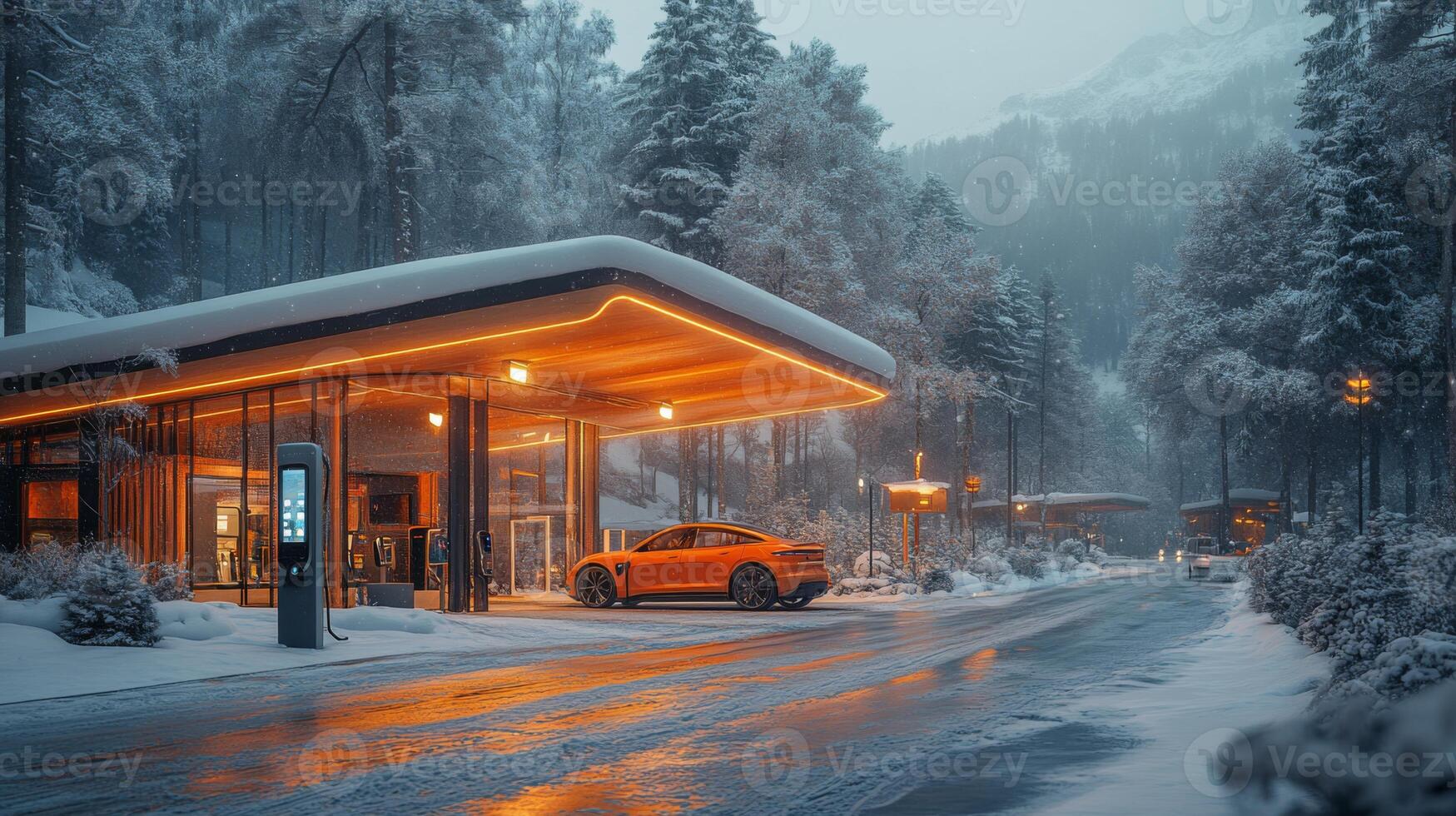 An electric vehicle station stands in a snowy forested area, featuring warm lighting and charging stations. An orange vehicle waits for charging during the winter weather. photo