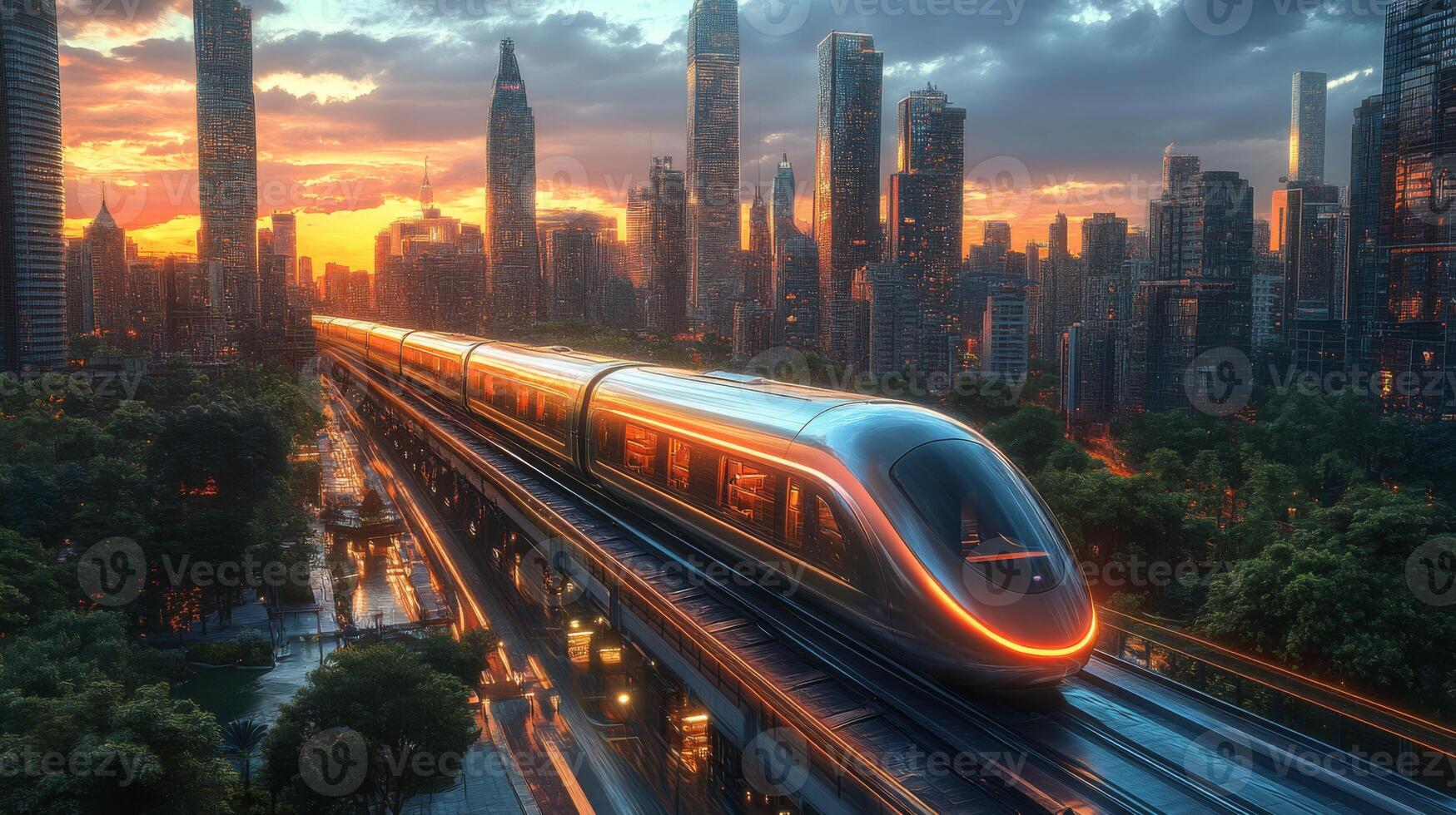 A futuristic smarttrain moves smoothly along elevated tracks in a vibrant city, illuminated by the warm glow of the setting sun. photo