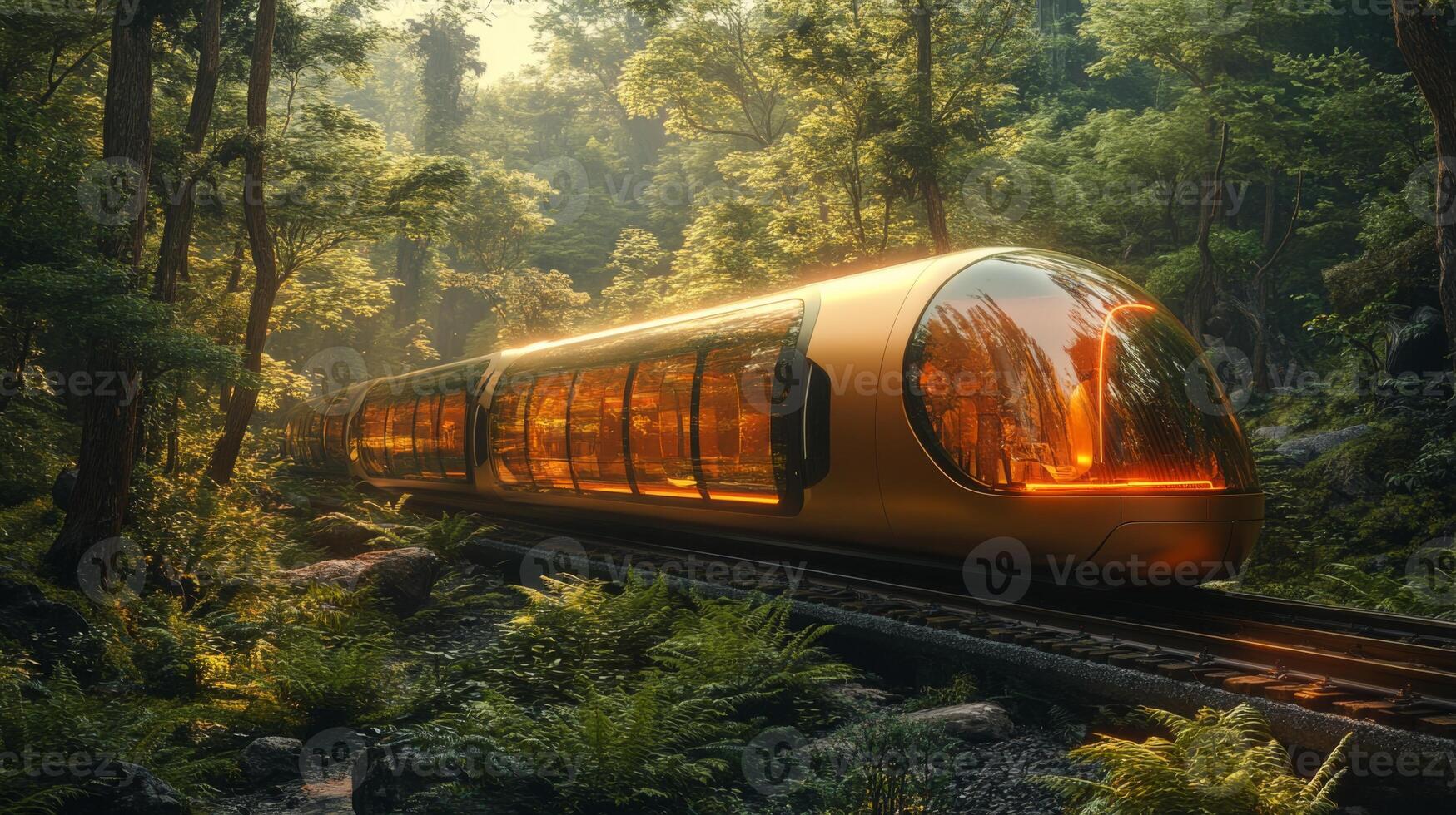 A futuristic smarttrain travels smoothly along railway tracks, illuminated by soft glowing lights, set amidst dense greenery and towering trees, exemplifying innovation in transportation. photo