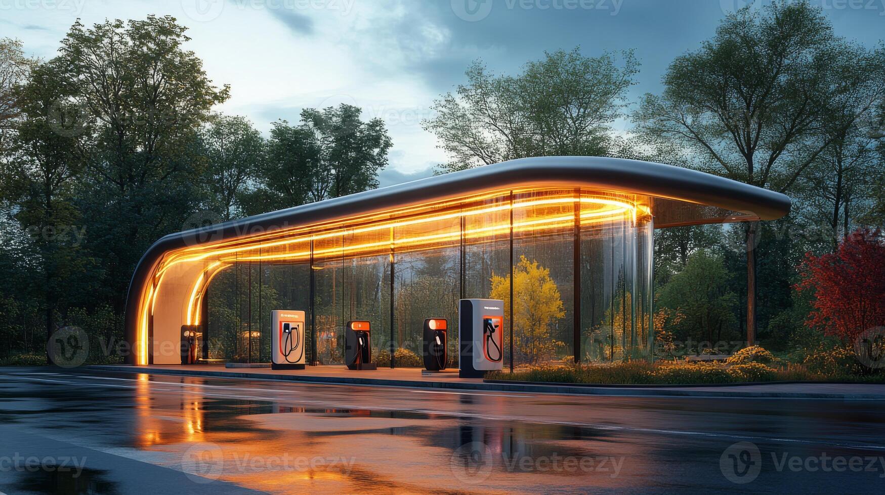 Modern electric vehicle charging station features sleek design and eco friendly amenities in a tranquil setting surrounded by nature, illuminated in warm light at dusk. photo