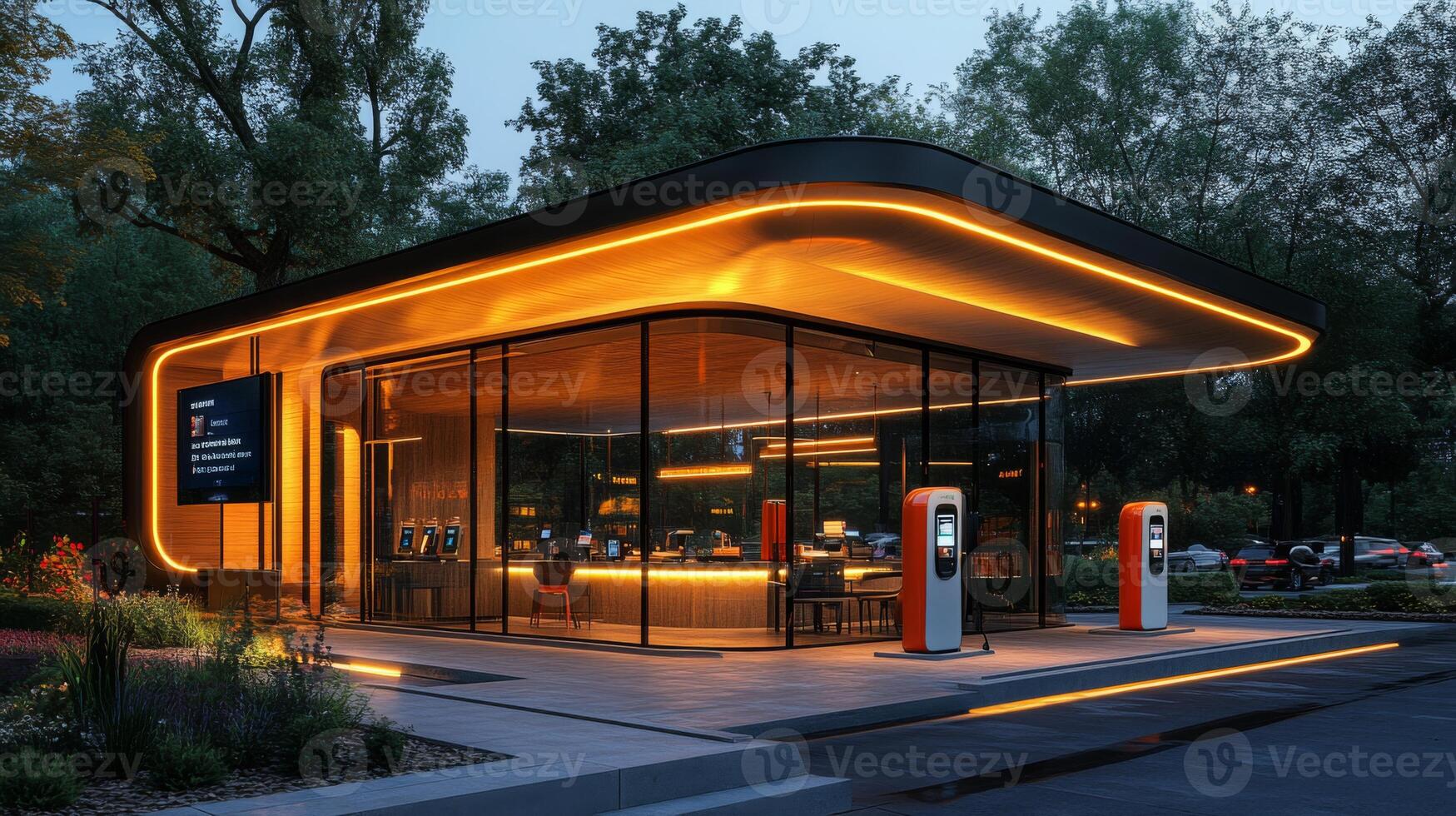 A futuristic EV charging station features sleek architecture with glowing lights, surrounded by lush greenery and providing advanced services for electric vehicles in a vibrant city setting. photo