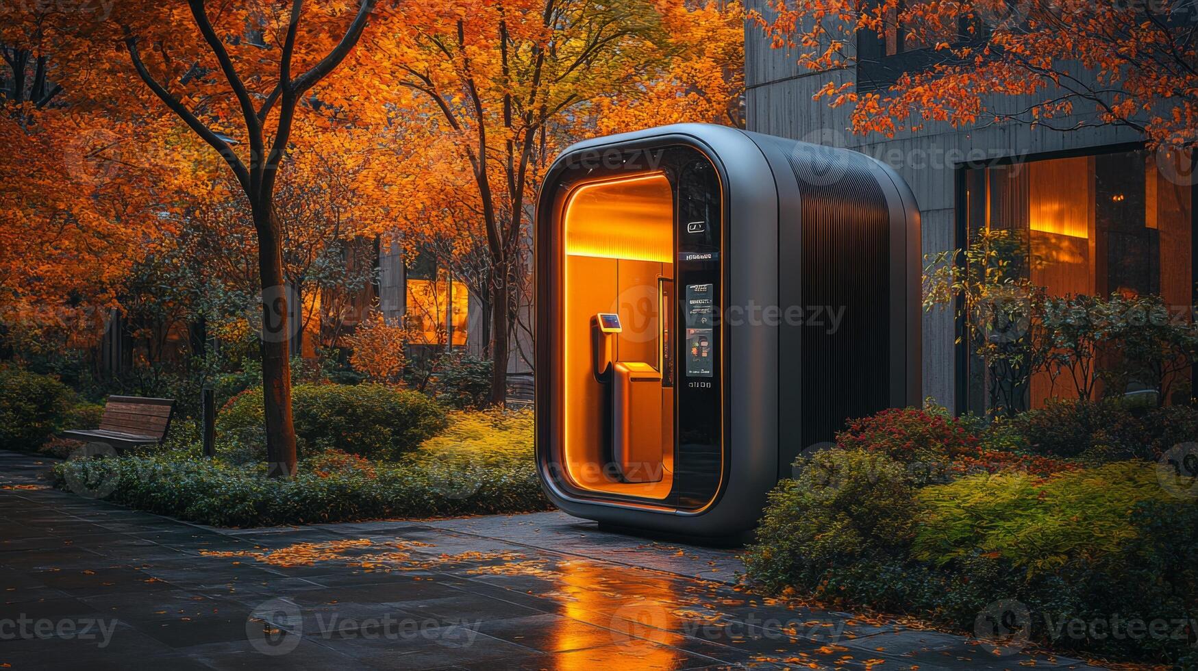 A modern electric vehicle charging station stands out in a park surrounded by colorful autumn foliage, emphasizing sustainable mobility and infrastructure designed for the future. photo