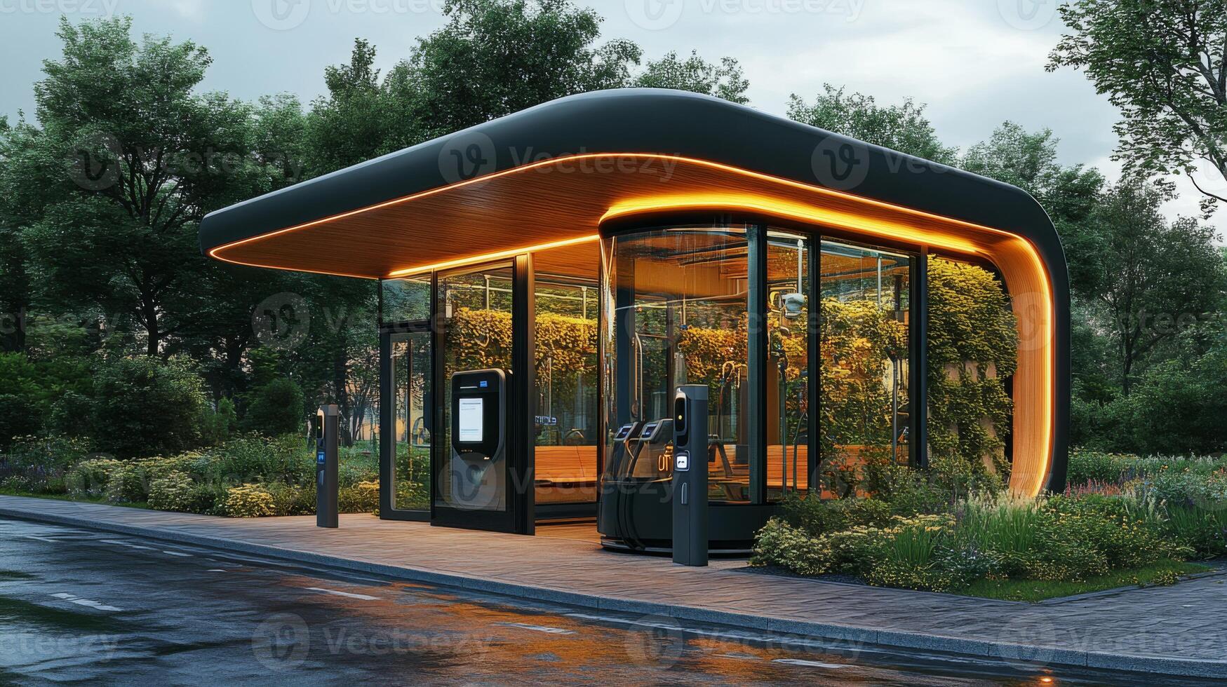 A futuristic electric vehicle charging station designed with large glass panels and interior greenery, featuring user friendly charging points and automated systems in an eco friendly setting. photo