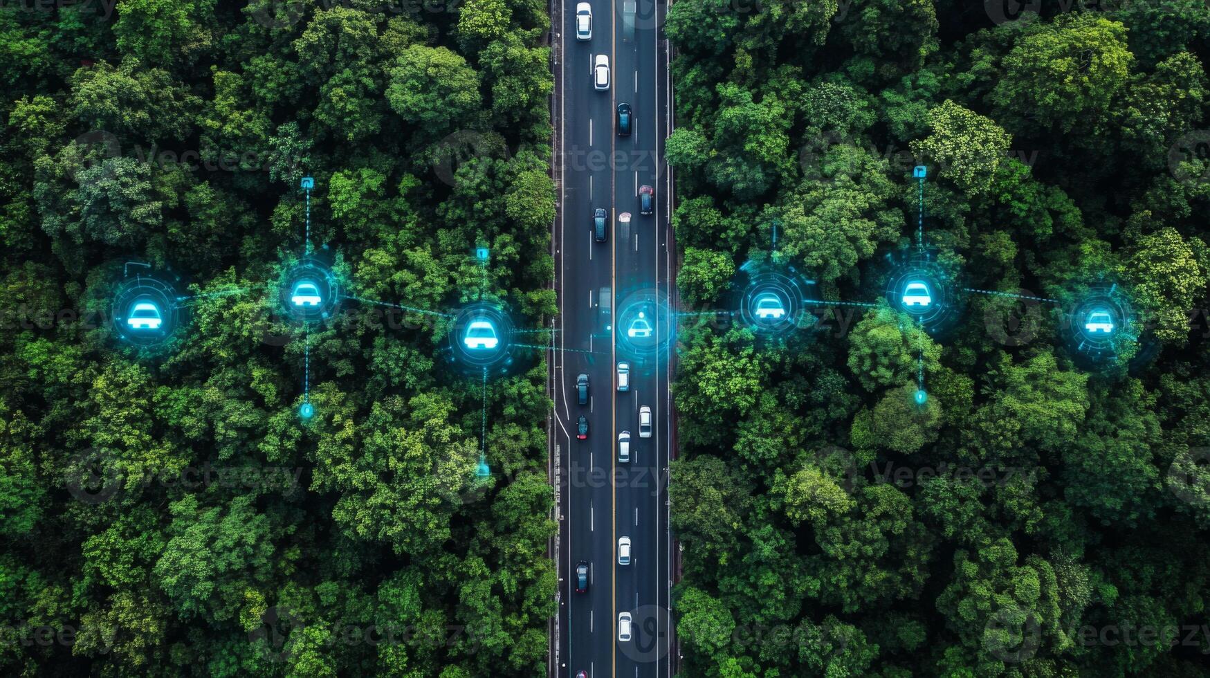 Aerial view of a modern roadway surrounded by dense greenery, showcasing connected vehicles utilizing advanced sensors for autonomous driving and enhanced mobility solutions. photo