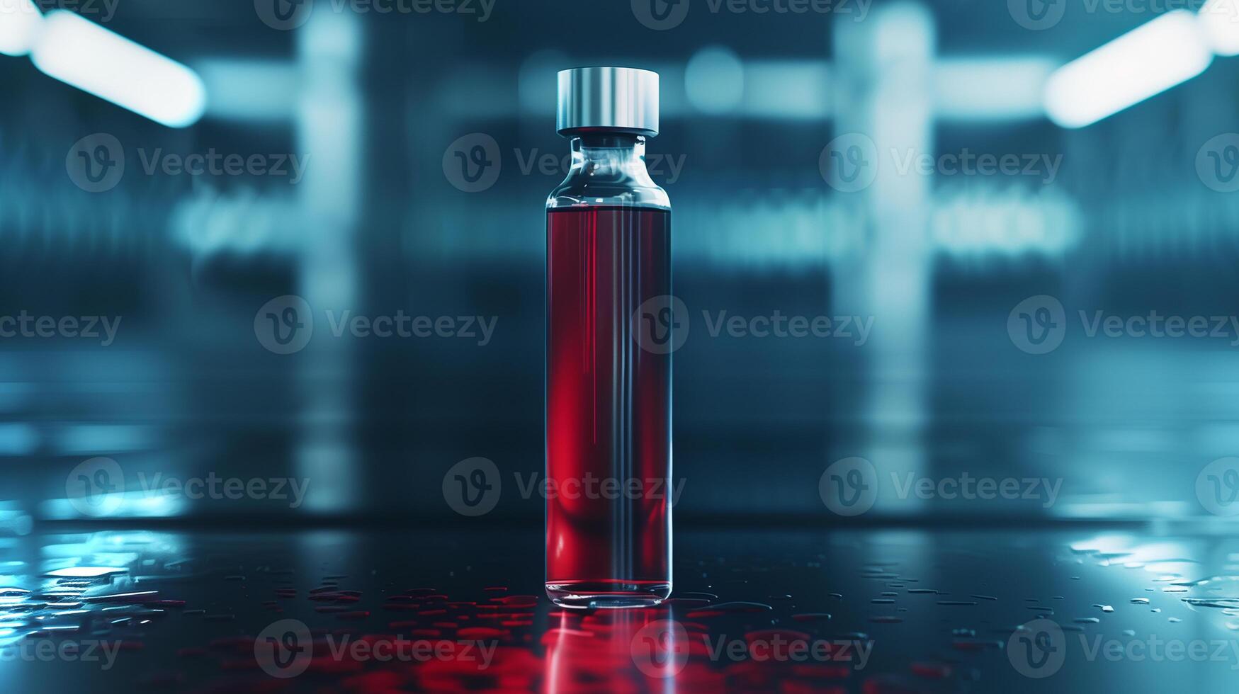 This synthetic blood vial is showcased in a cutting-edge lab, emphasizing innovation. photo
