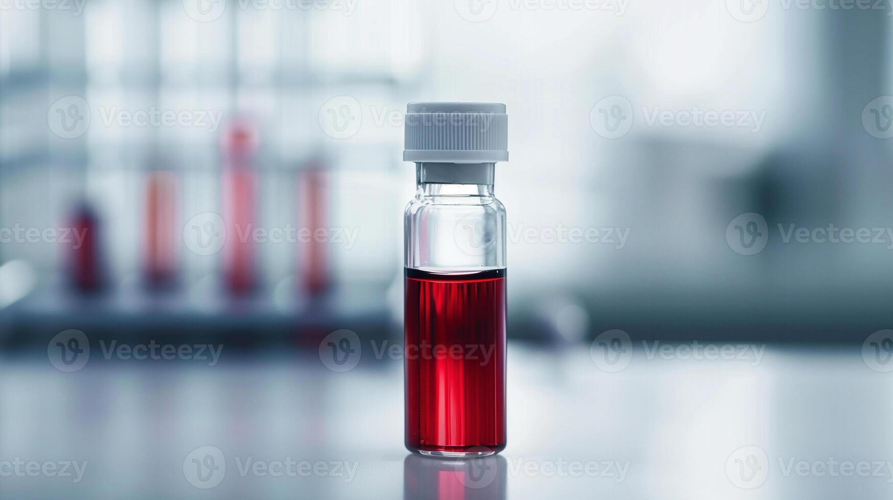 This clear vial of synthetic blood sits on a lab table, highlighting medical innovation. photo