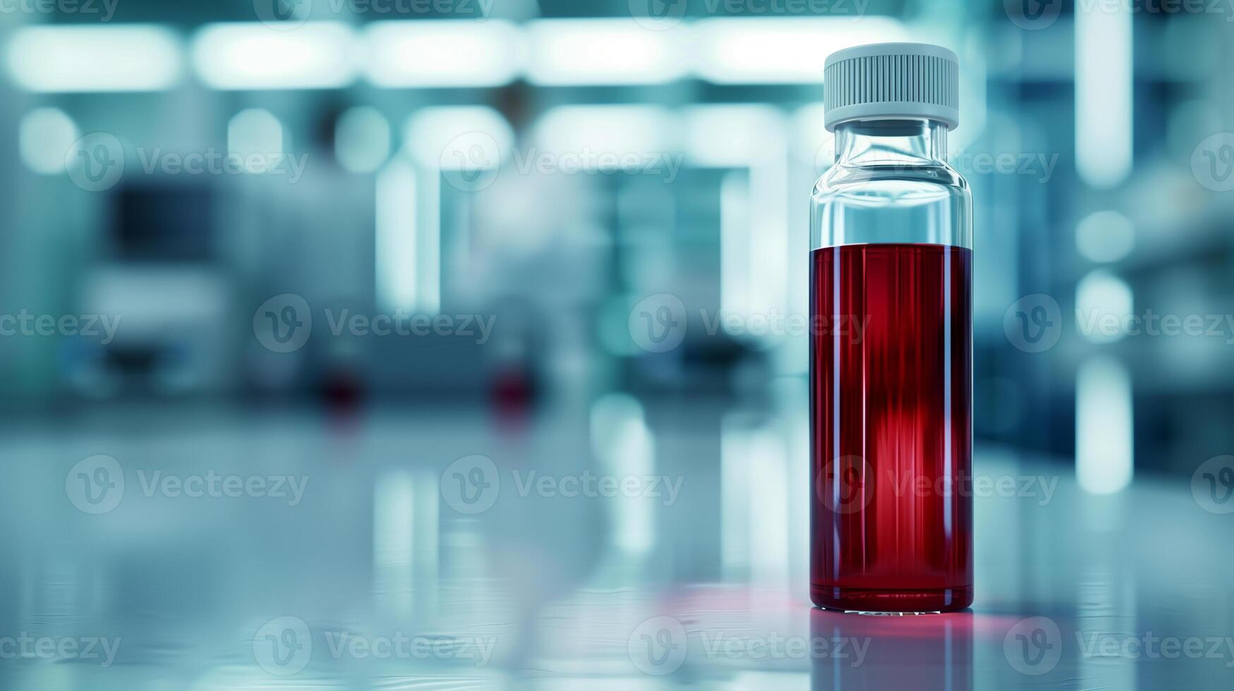 This vial of synthetic blood is seen in a lab, showcasing biomedical innovation. photo