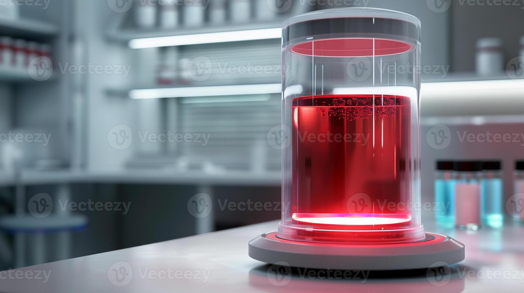 This Advanced synthetic blood is illuminated in a modern lab, showcasing innovations in nano medicine. photo