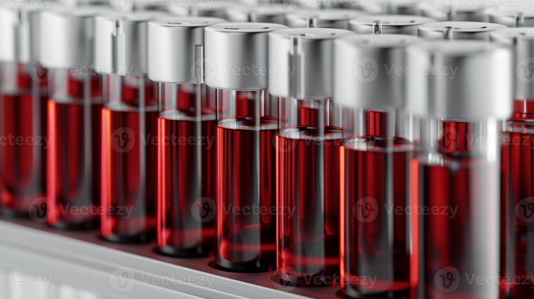 This Rows of vials containing vibrant synthetic blood designed for medical transfusions and treatments. photo