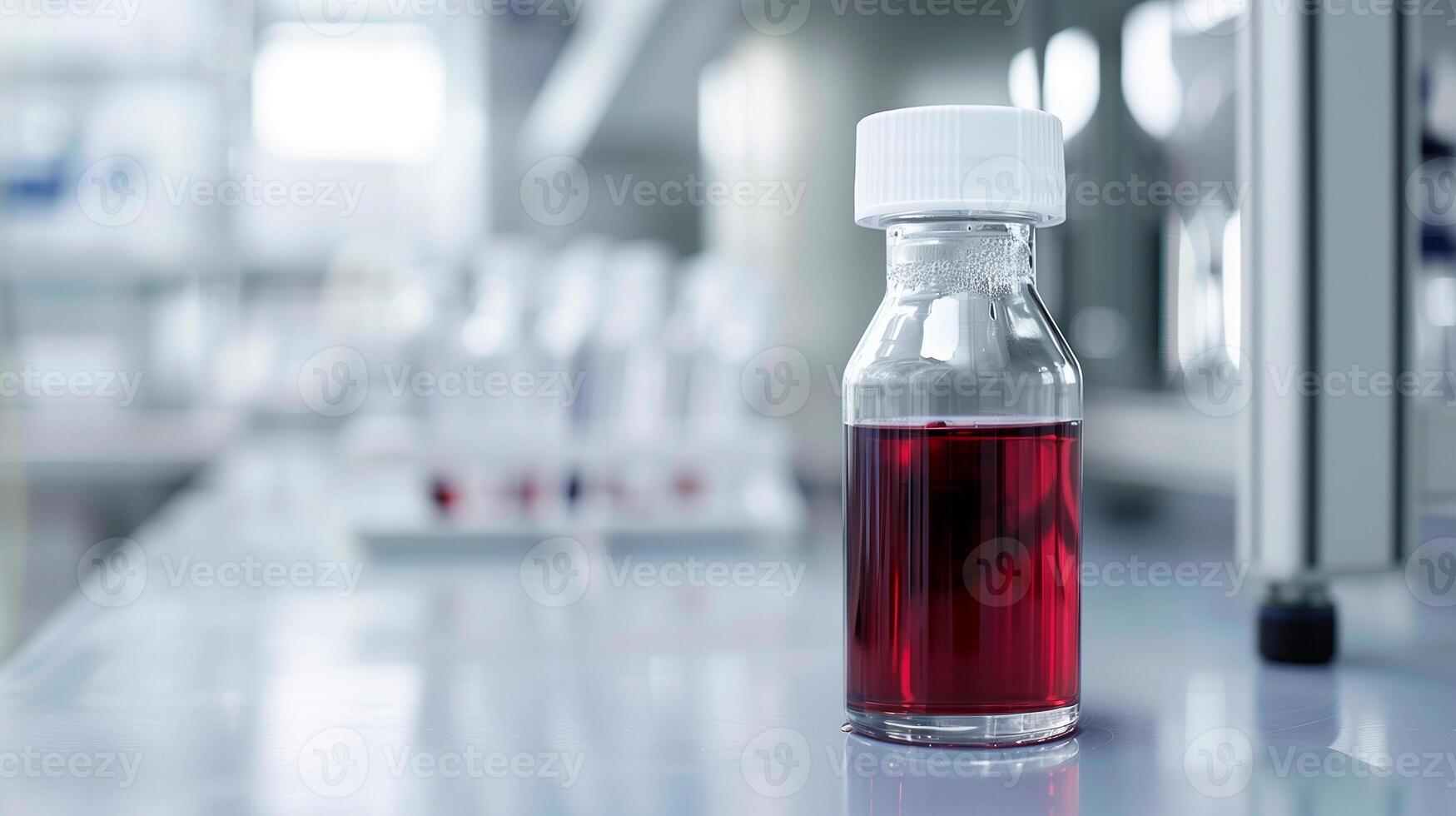 This vial of synthetic blood shows medical innovation in a lab setting. photo