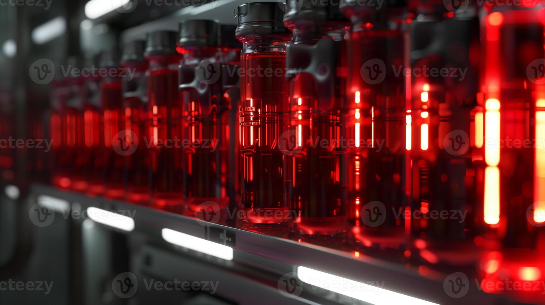 This Red-colored synthetic blood samples are stored in vials within a futuristic medical laboratory. photo