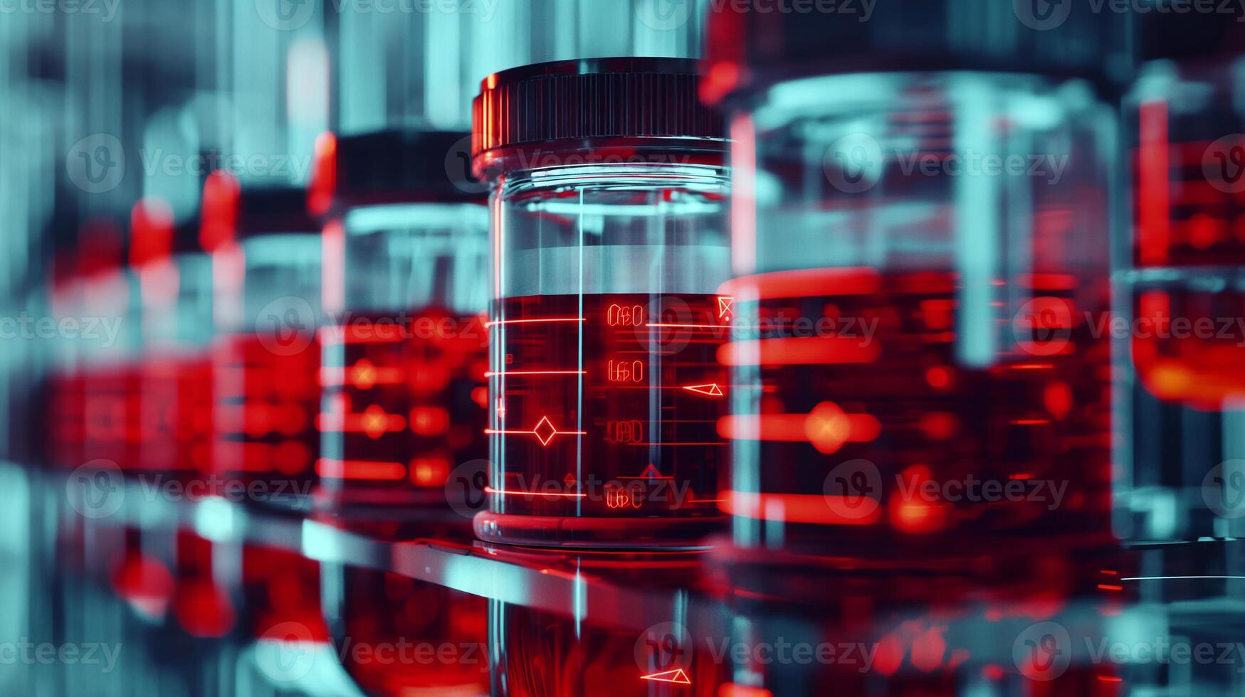 This Vivid red bio fluid containing synthetic hemoglobin fills laboratory jars for medical research. photo
