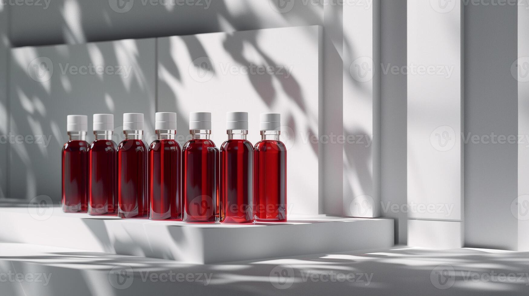 This Rows of synthetic blood vials filled with red fluid sit on a lab shelf, softly illuminated. photo