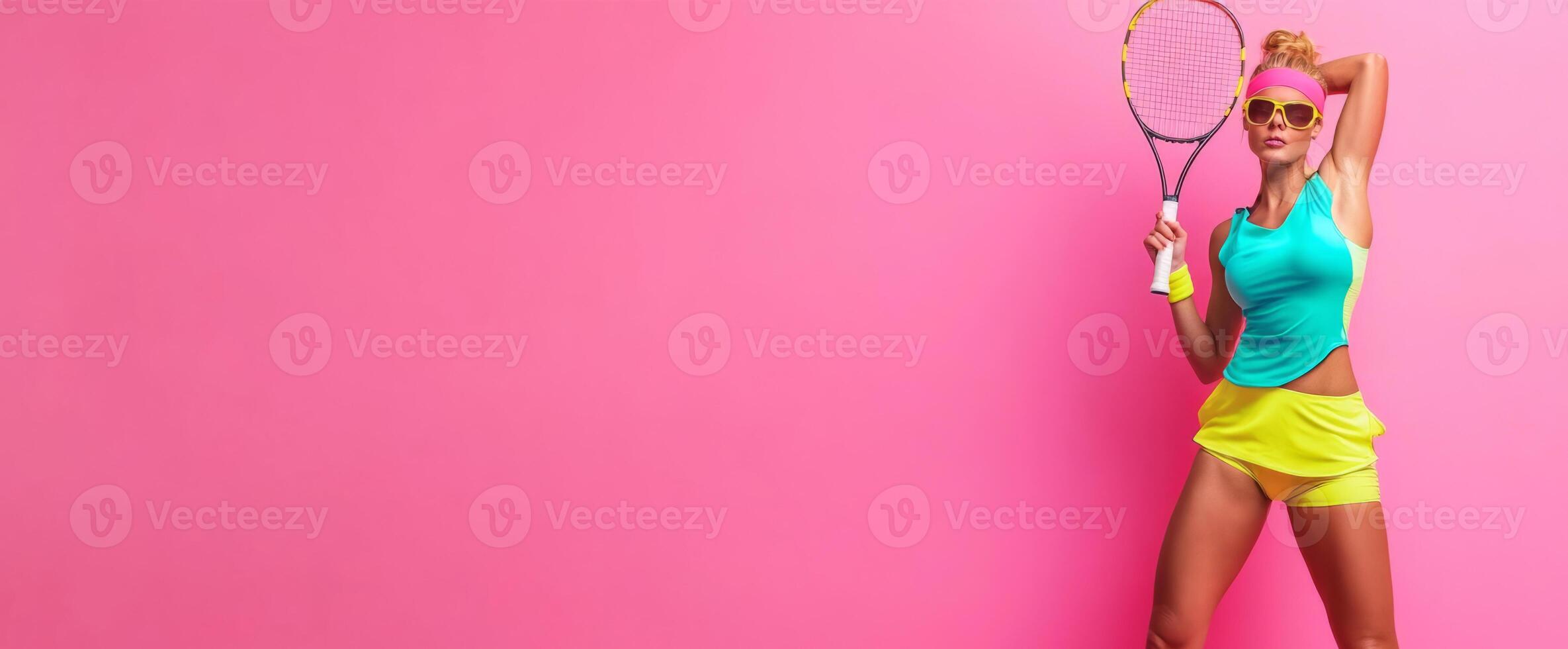 A confident woman holds a tennis racket while posing against a vibrant pink background. She wears sporty attire, showcasing her athleticism and style, suggesting a lively and energetic atmosphere. photo