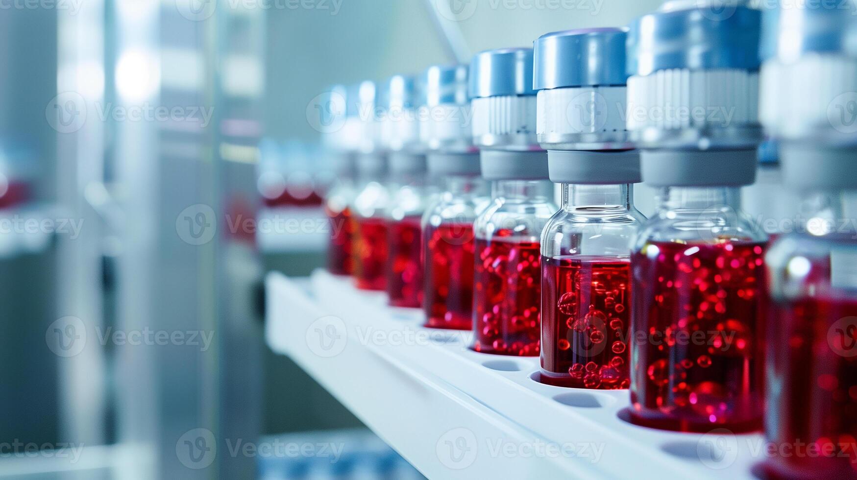 This Rows of vials contain synthetic blood, showcasing advancements in medicine and bio fluids. photo