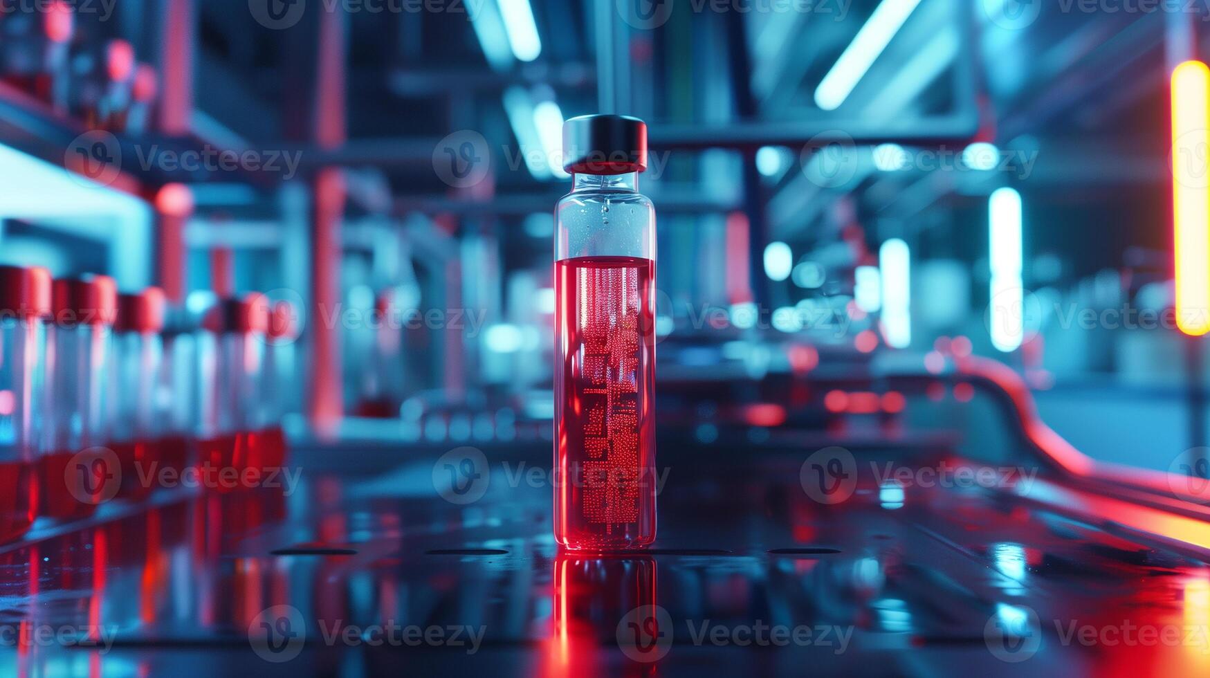 This glowing vial of synthetic blood sits under neon lights in a high-tech lab. photo