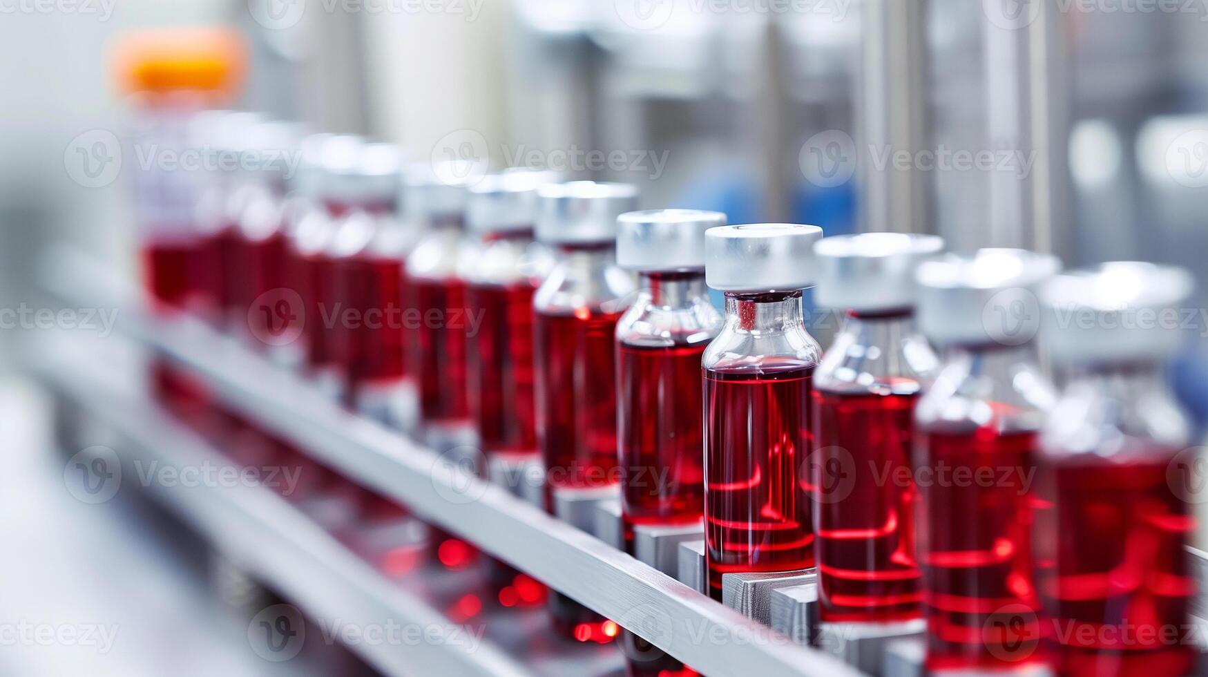 This Vials of red synthetic blood are readied for medical use in a high-tech lab. photo