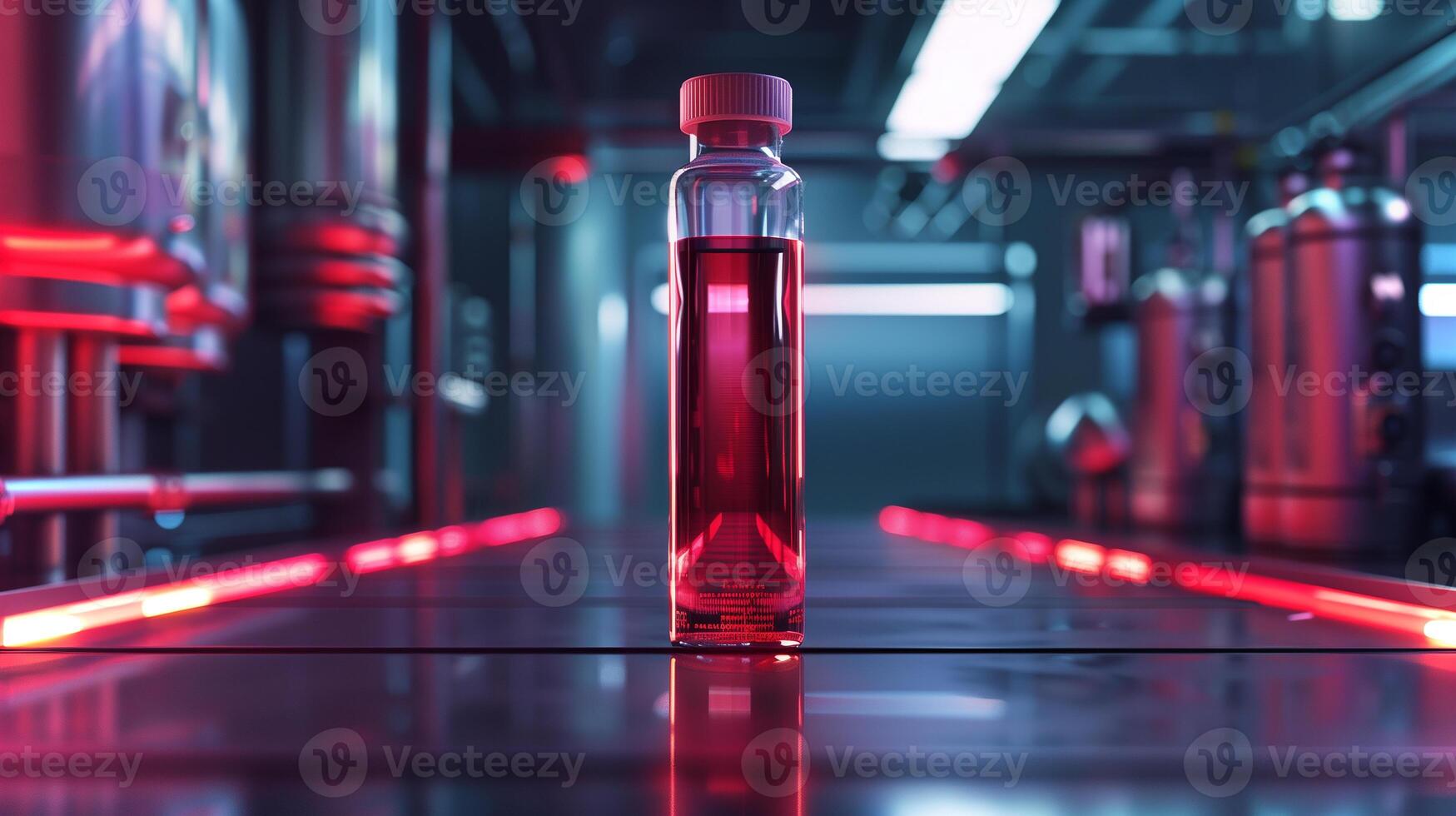 This futuristic lab displays a synthetic blood bottle, showcasing nanomedicine advancements. photo