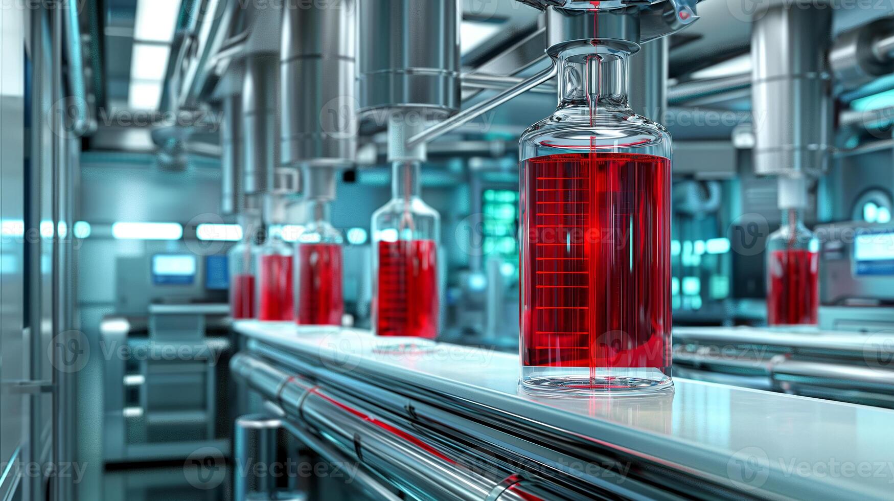 This Red liquid in vials flows on a modern lab line, highlighting advanced blood alternatives. photo