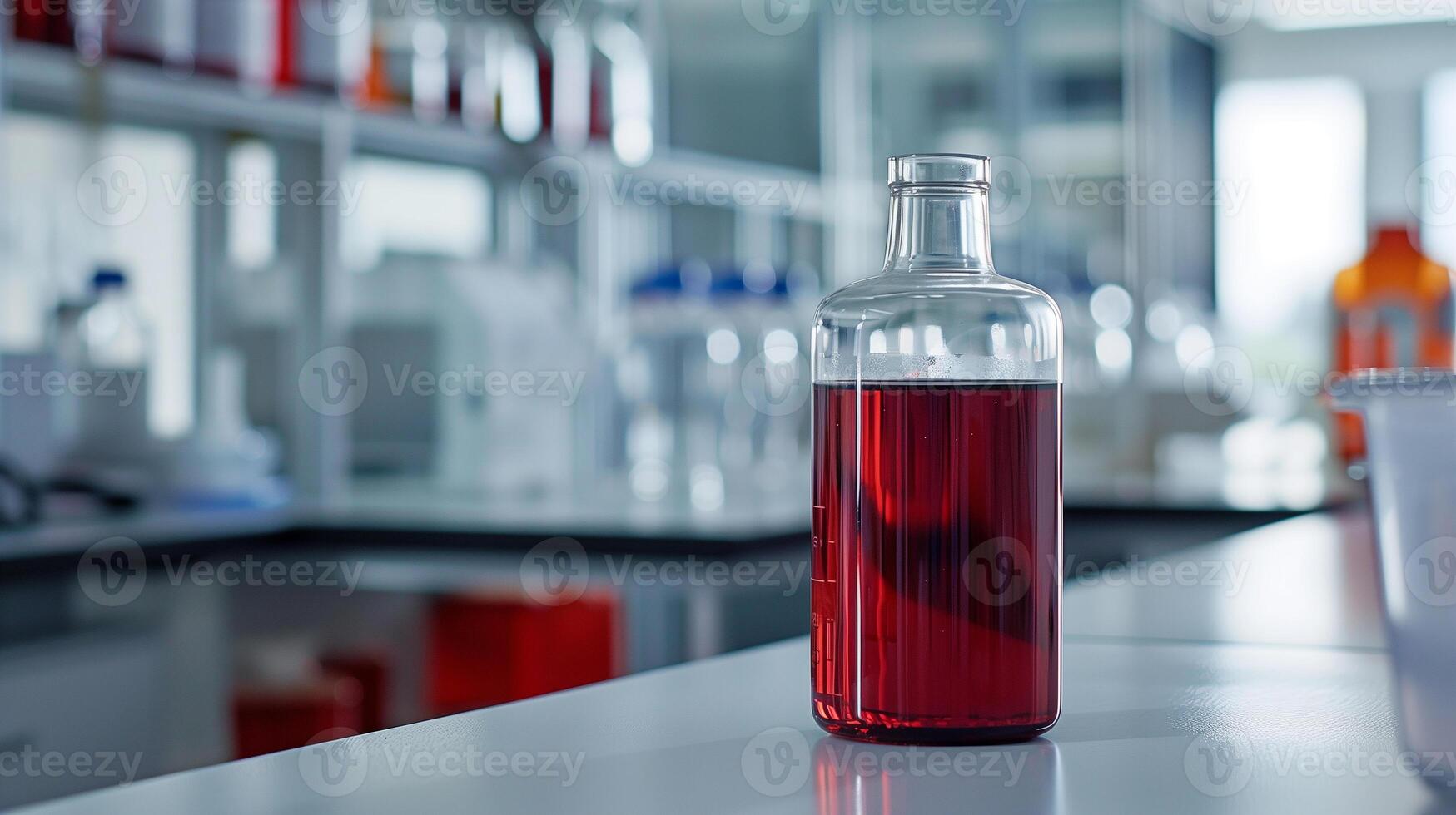 This bottle of synthetic blood sits on a lab bench, highlighting advanced medical research. photo