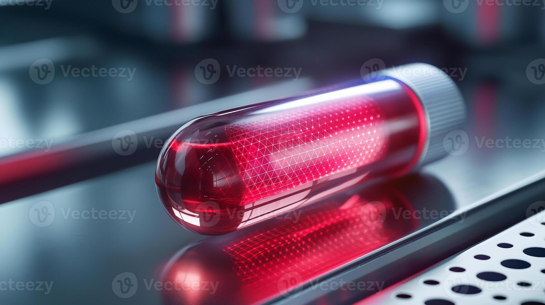 This bright red liquid in a vial is under study in a cutting-edge biomedical lab. photo