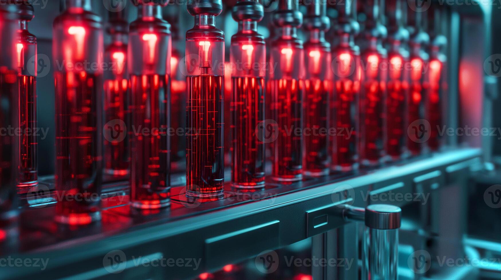 This series of glowing vials containing synthetic blood are displayed in a modern laboratory setting. photo