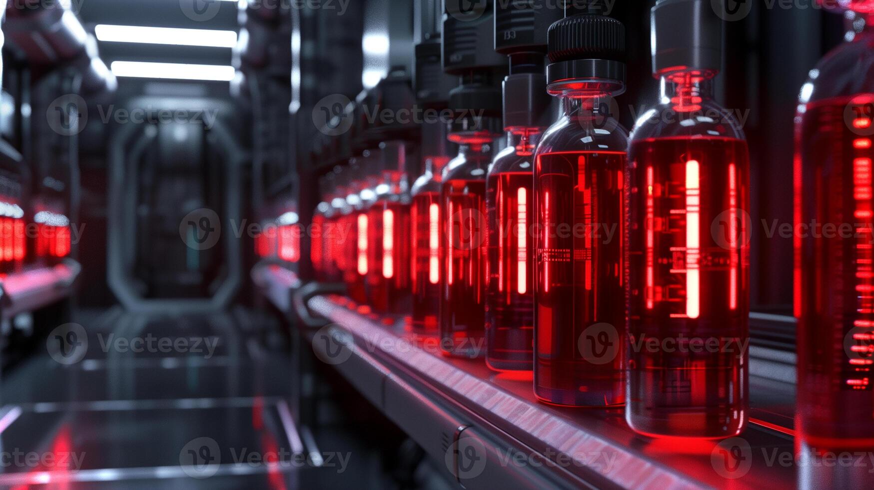 This Bottles of artificial blood glow in red light along a sleek corridor designed for advanced medicine. photo
