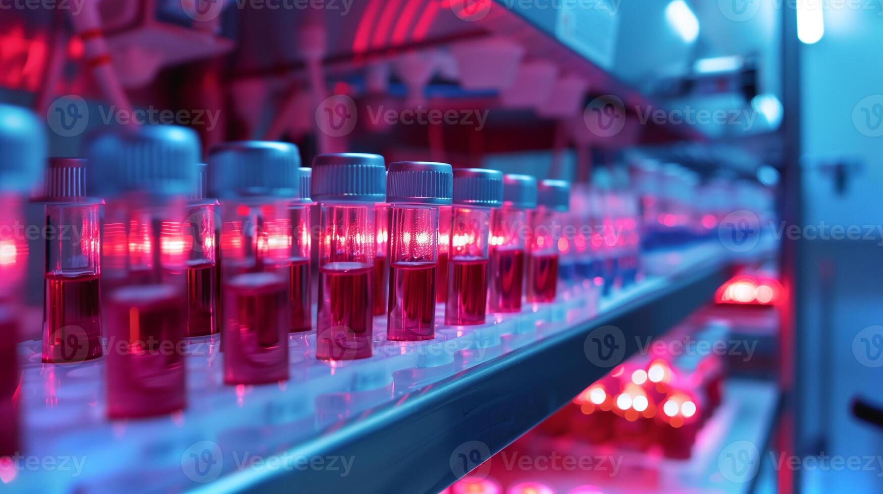 This Rows of vials filled with synthetic blood are illuminated in a futuristic laboratory setting. photo