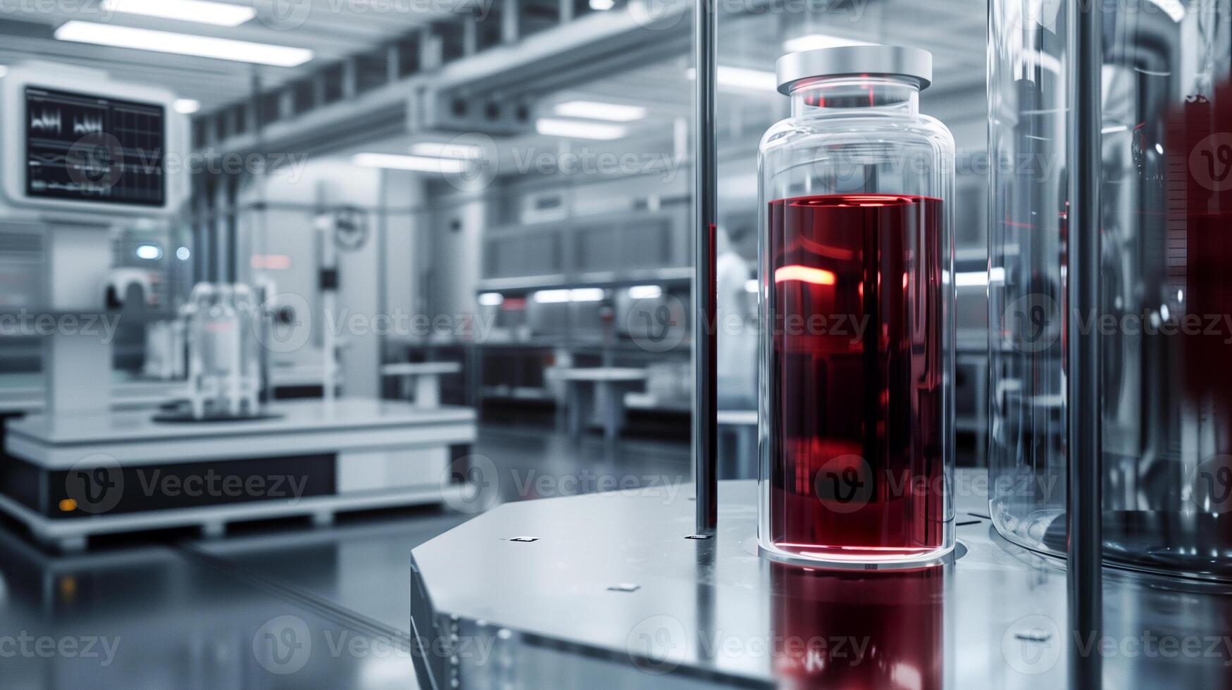 This Red liquid in a glass vial sits prominently on a lab bench in a modern medical facility. photo
