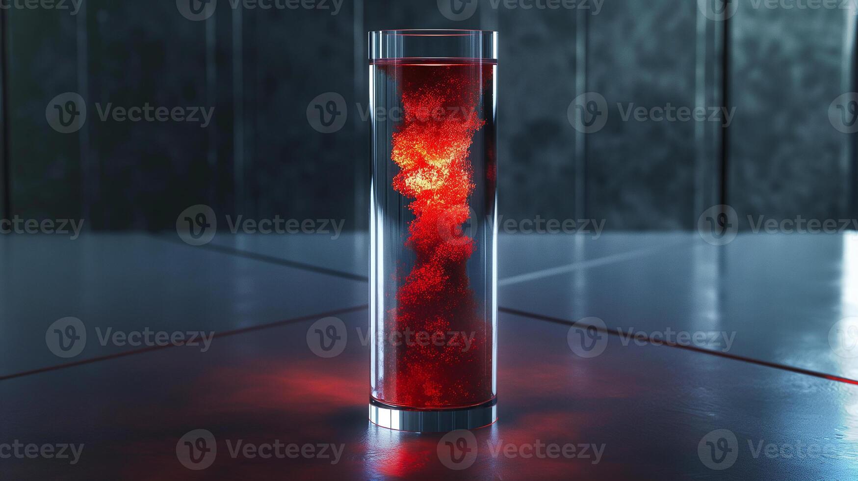 This glowing vial holds red fluid like blood, highlighting bio-engineering's transfusion potential. photo