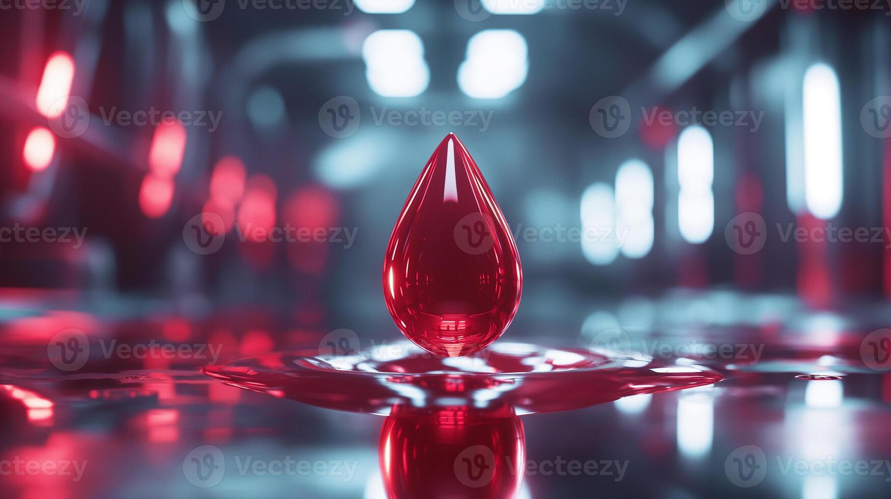 This glowing synthetic blood droplet rests in a high-tech lab under red lights. photo