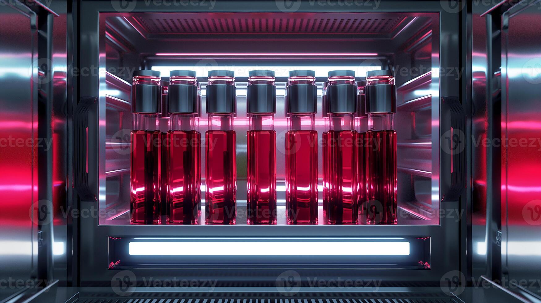 This Rows of synthetic blood vials in a high-tech cooling system highlight modern medical innovations. photo