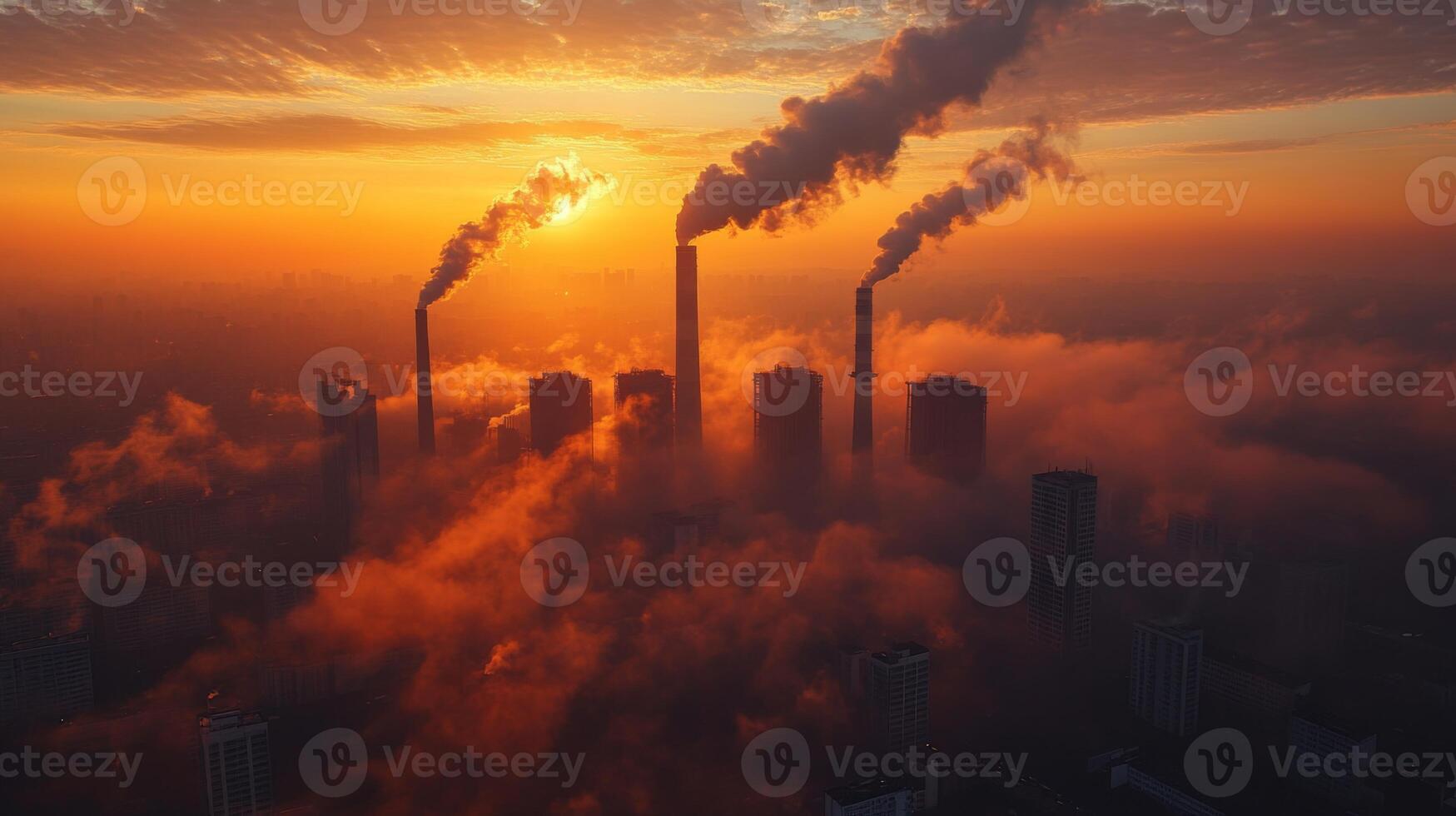 As the sun sets, smoke billows from several towering stacks of a powerplant surrounded by urban infrastructure, highlighting ongoing energy generation and mining operations in the area. photo
