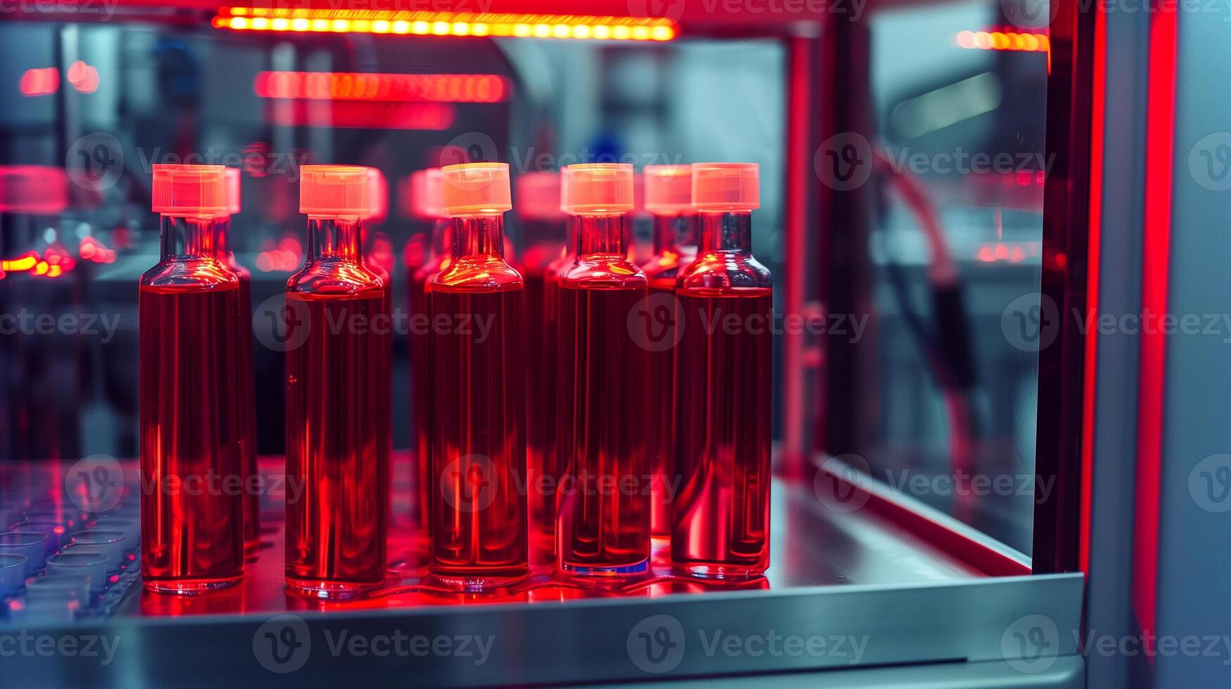 This Synthetic blood stored in glass vials is illuminated by red lights in a modern laboratory setting. photo
