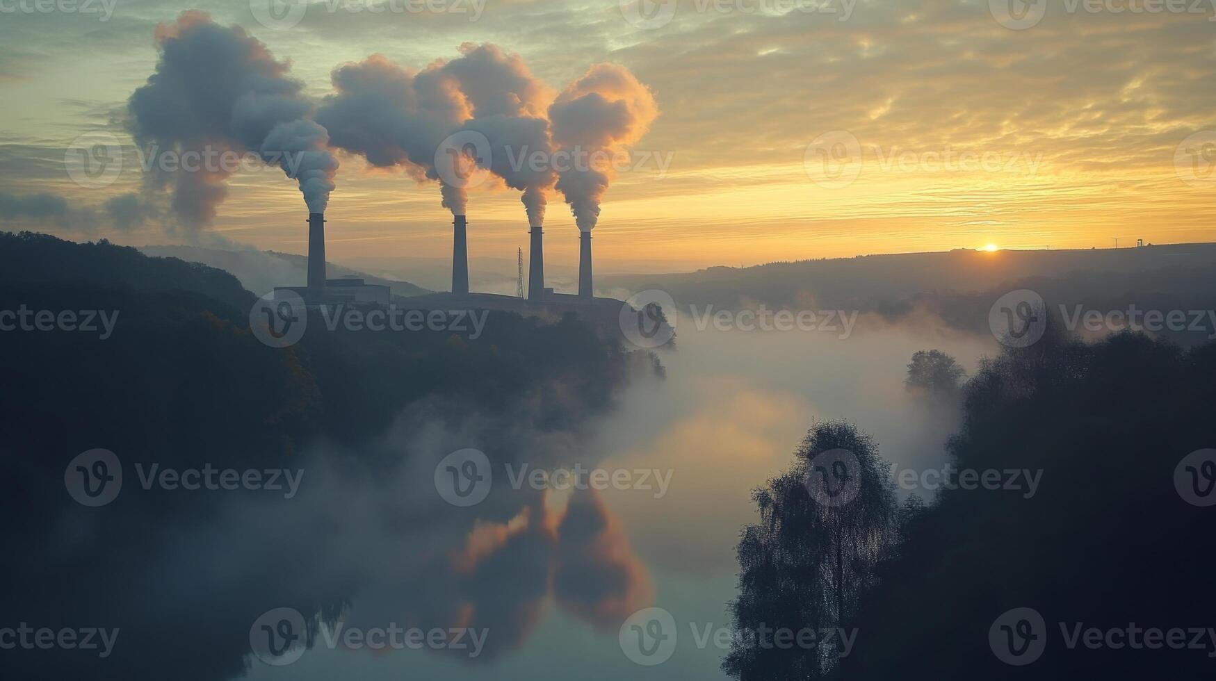 At dawn, power generation occurs as smoke rises from multiple stacks. The landscape features a river shrouded in mist and silhouettes of trees alongside the water. photo