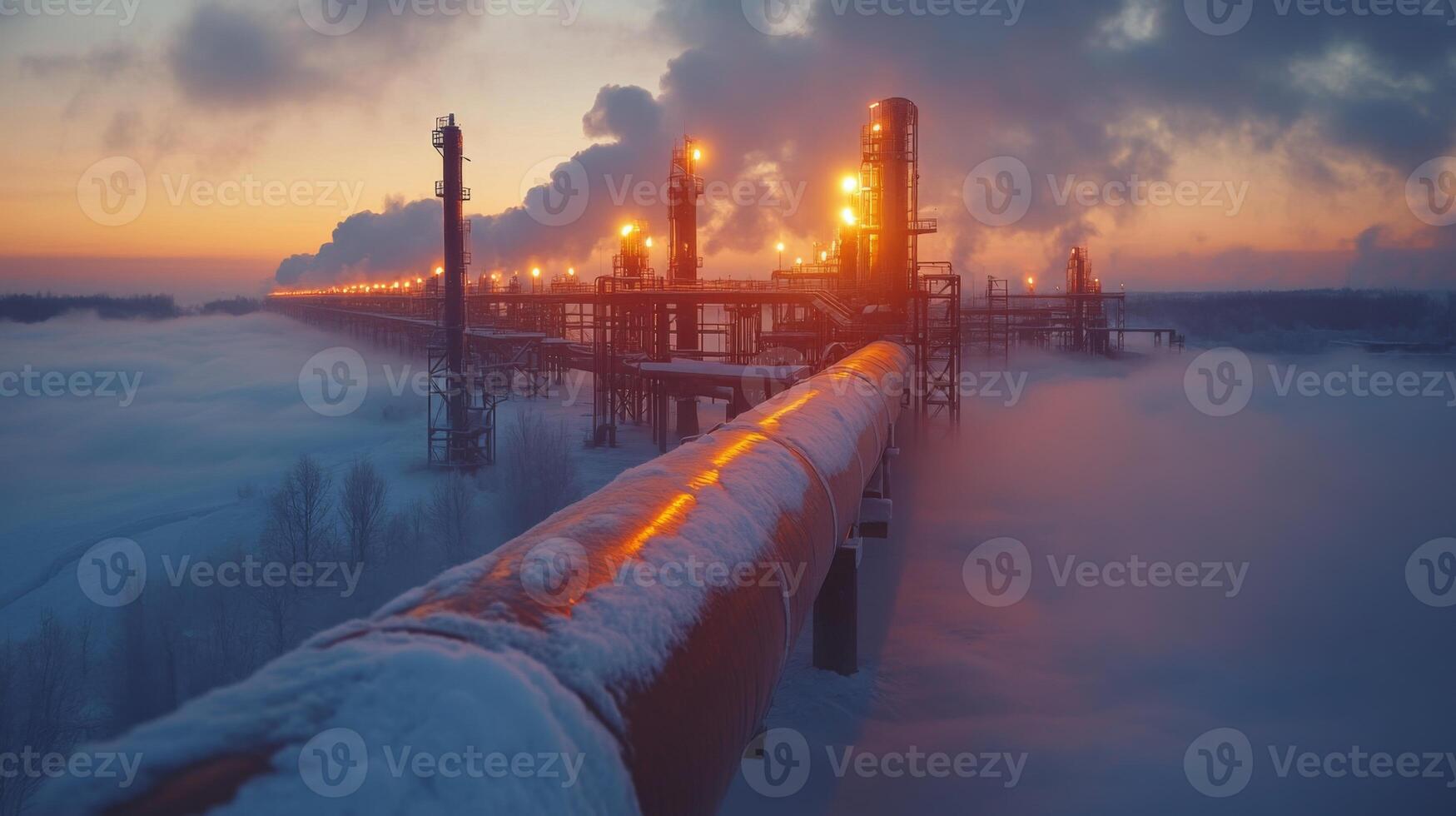 Long pipeline stretches through snowy terrain towards energy infrastructure, illuminated by warm lights while steam rises from power generation facilities at sunset. photo