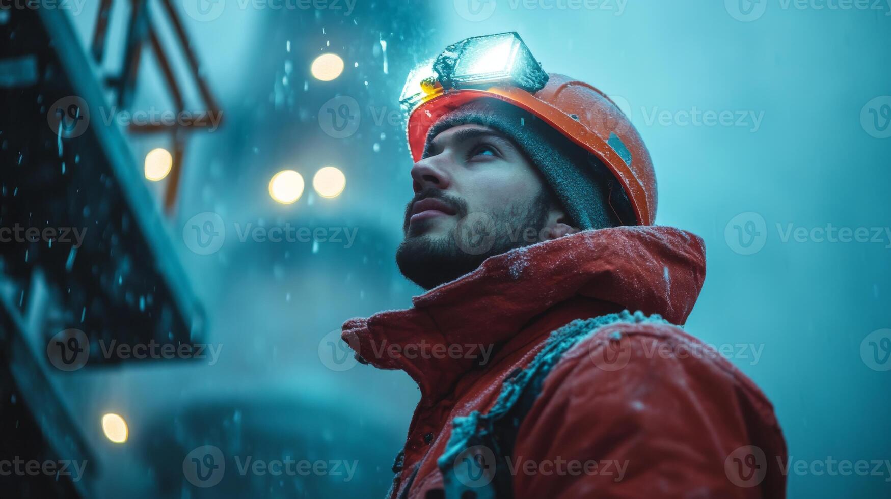 A miner stands beneath the heavy snowfall, gazing upward towards the towering powerplant structures. photo
